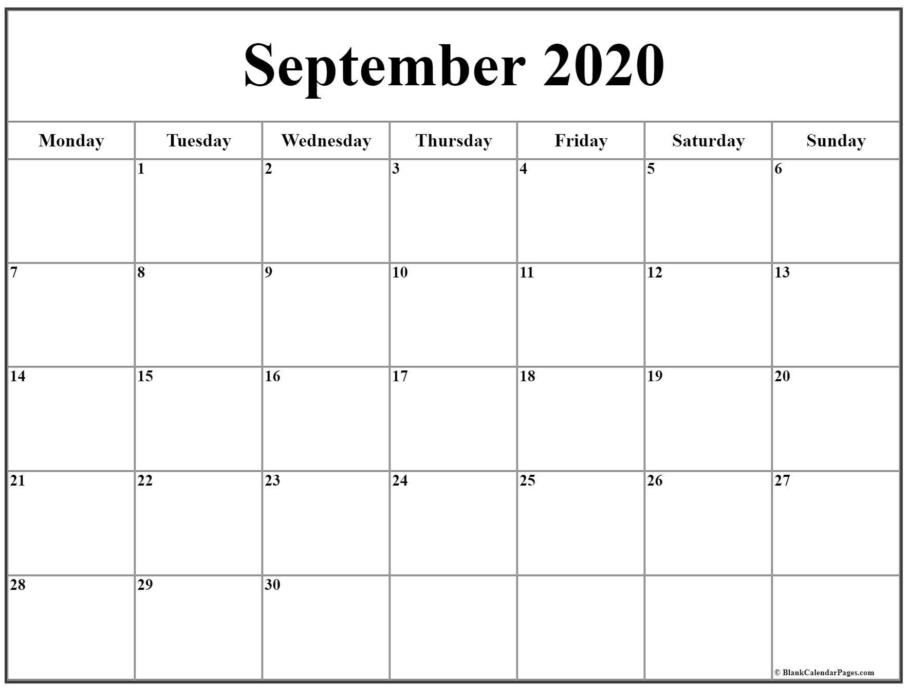 September 2020 Monday Calendar | Monday To Sunday in Monthly Calendars That Start With Monday