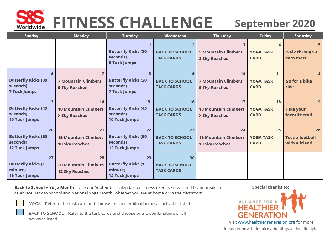 September Printable Fitness Challenge Calendar - S&amp;S Blog