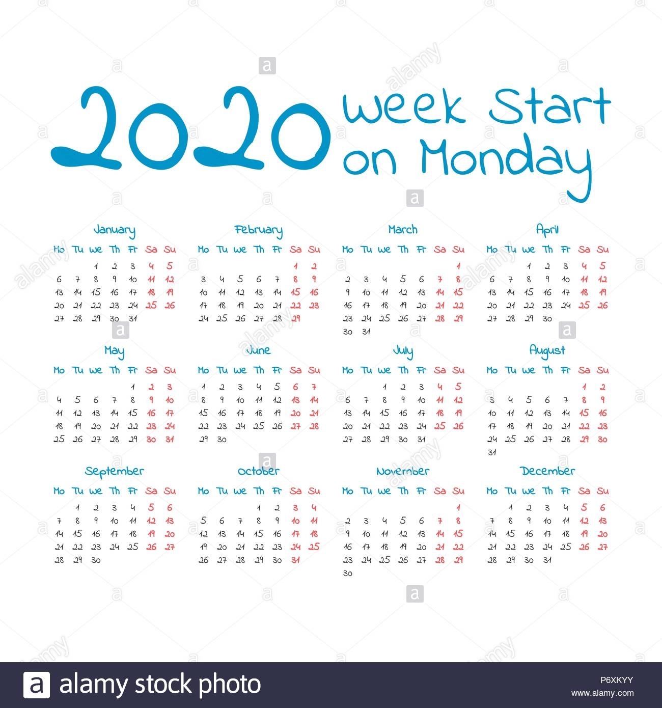 Simple 2020 Year Calendar, Week Starts On Monday Stock