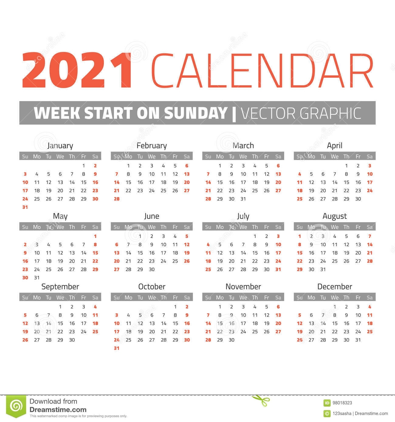 Simple 2021 Year Calendar Stock Vector. Illustration Of