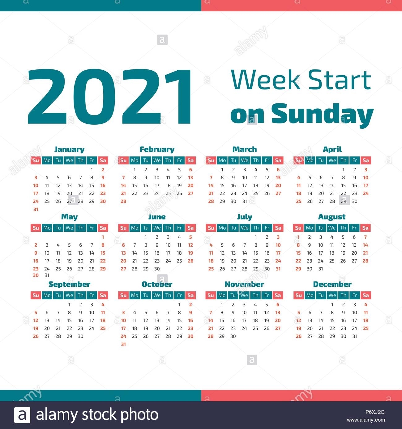 Simple 2021 Year Calendar, Week Starts On Sunday Stock