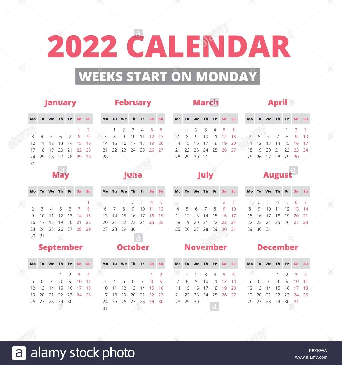 Simple 2022 Year Calendar, Week Starts On Monday Stock for Calendar That Starts On Monday