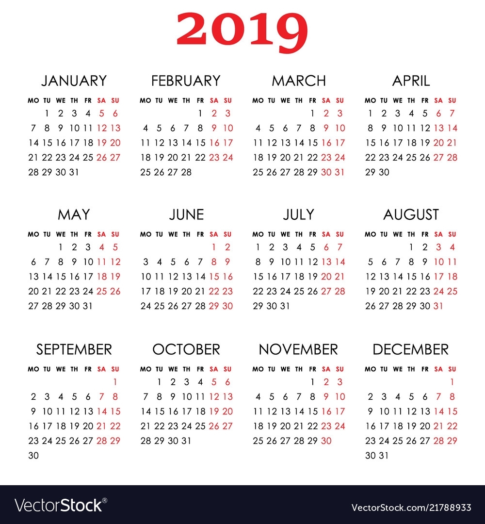Simple Calendar For 2019 Year Week Starts Monday Vector Image