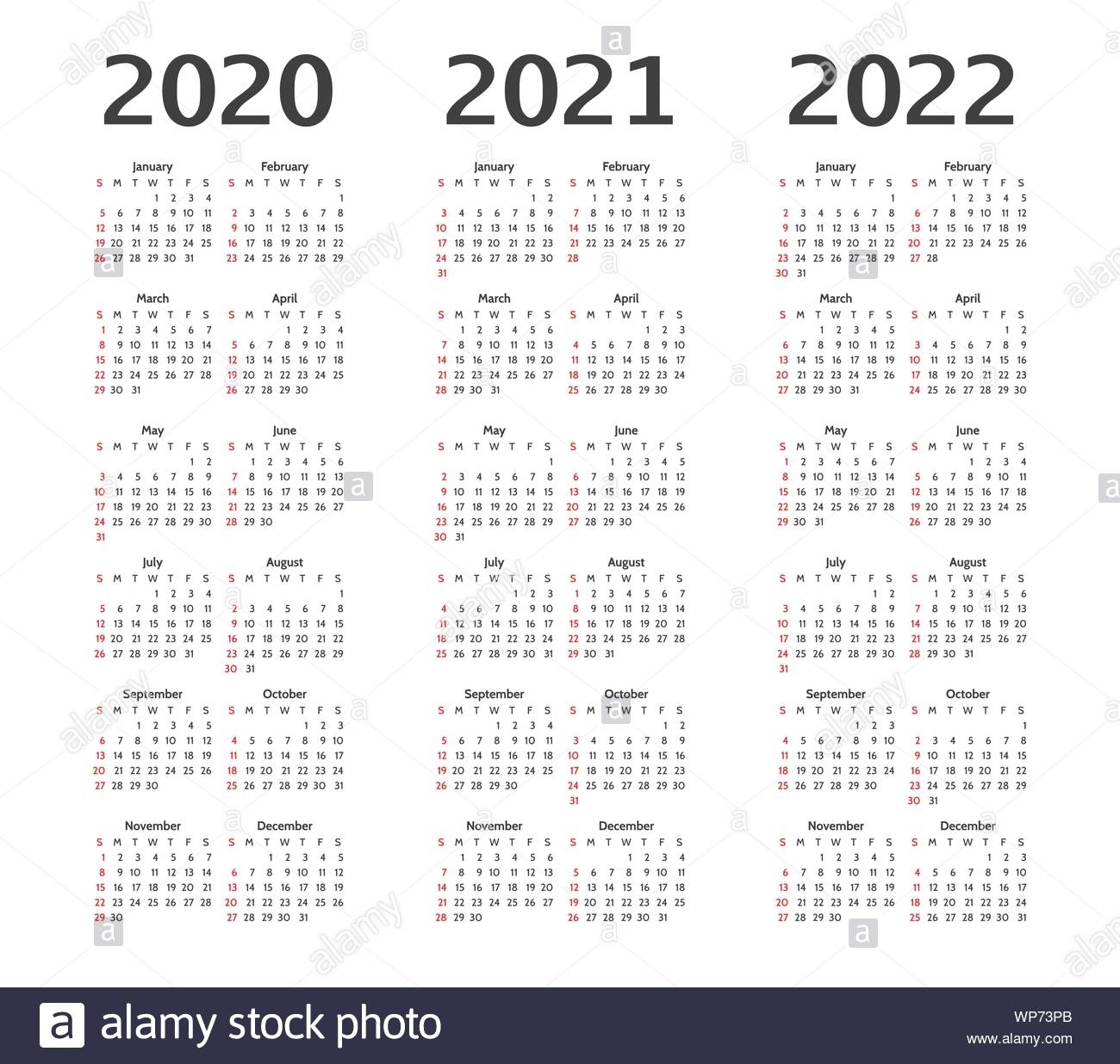 Simple Calendar Layout For 2020, 2021, 2022 Years. Week