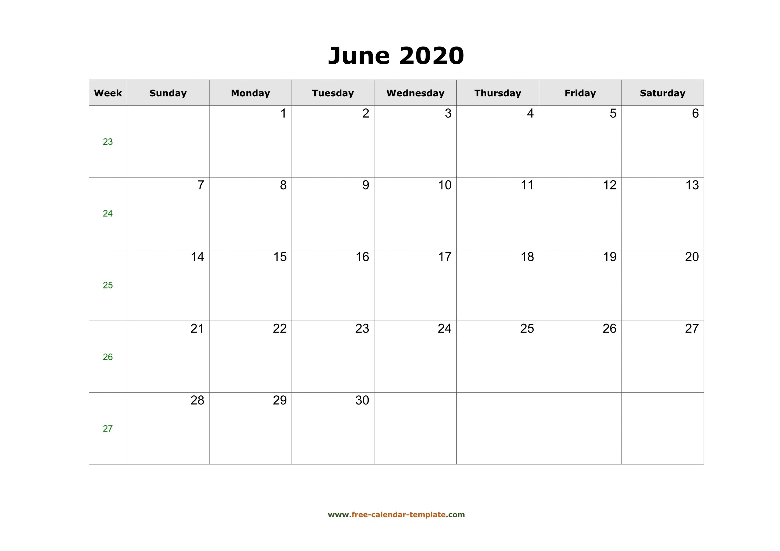 Simple June Calendar 2020 Large Box On Each Day For Notes for Large Box Printable 2020 Calendar