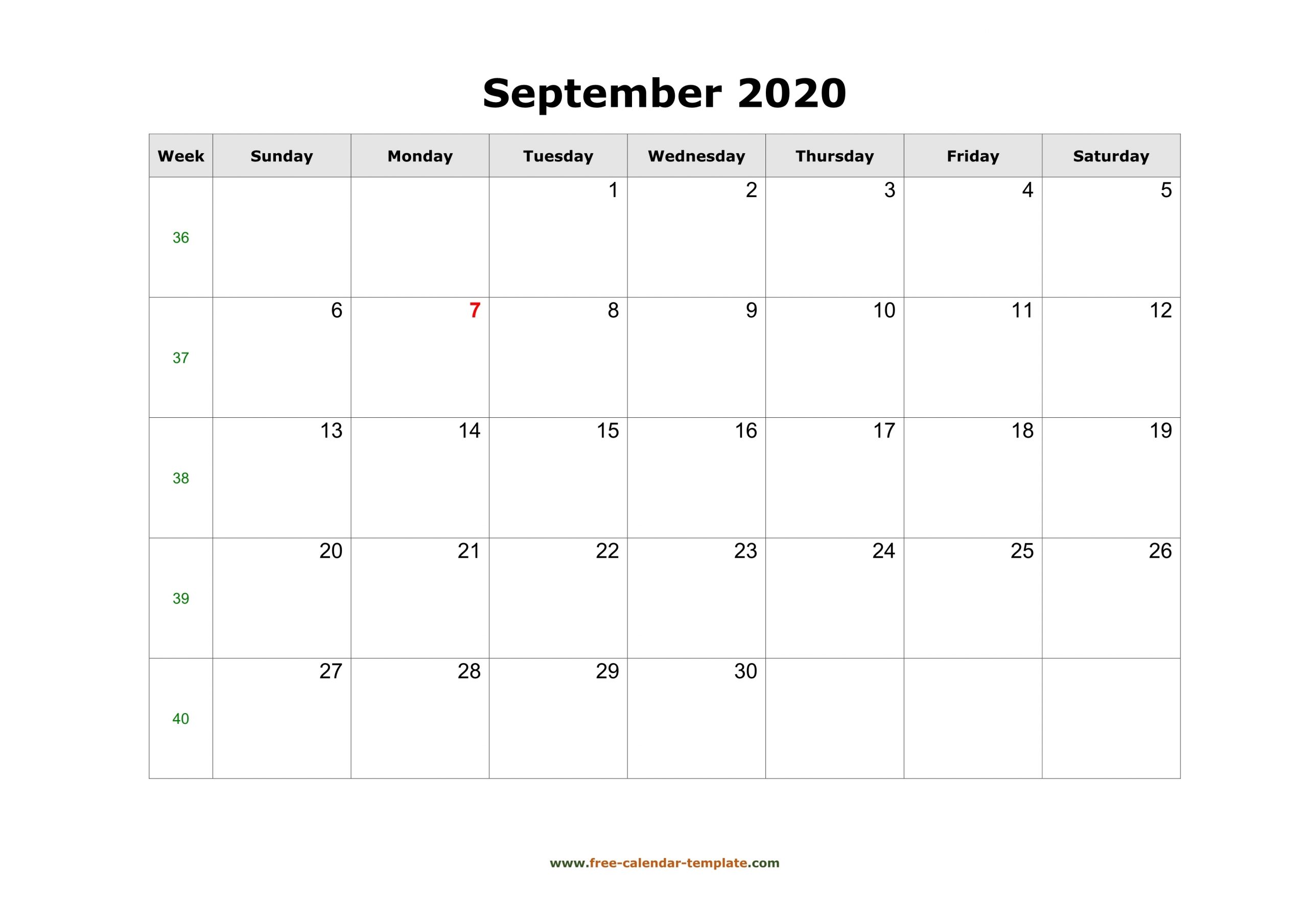 Simple September Calendar 2020 Large Box On Each Day For for Large Box Calendar 2020 Printable