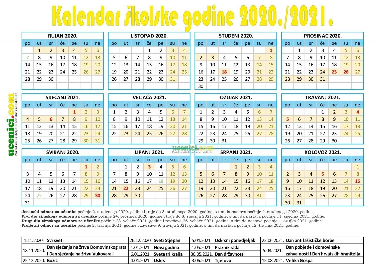 Školski Kalendar Za 2020./2021. Školsku Godinu. Svi Učenici