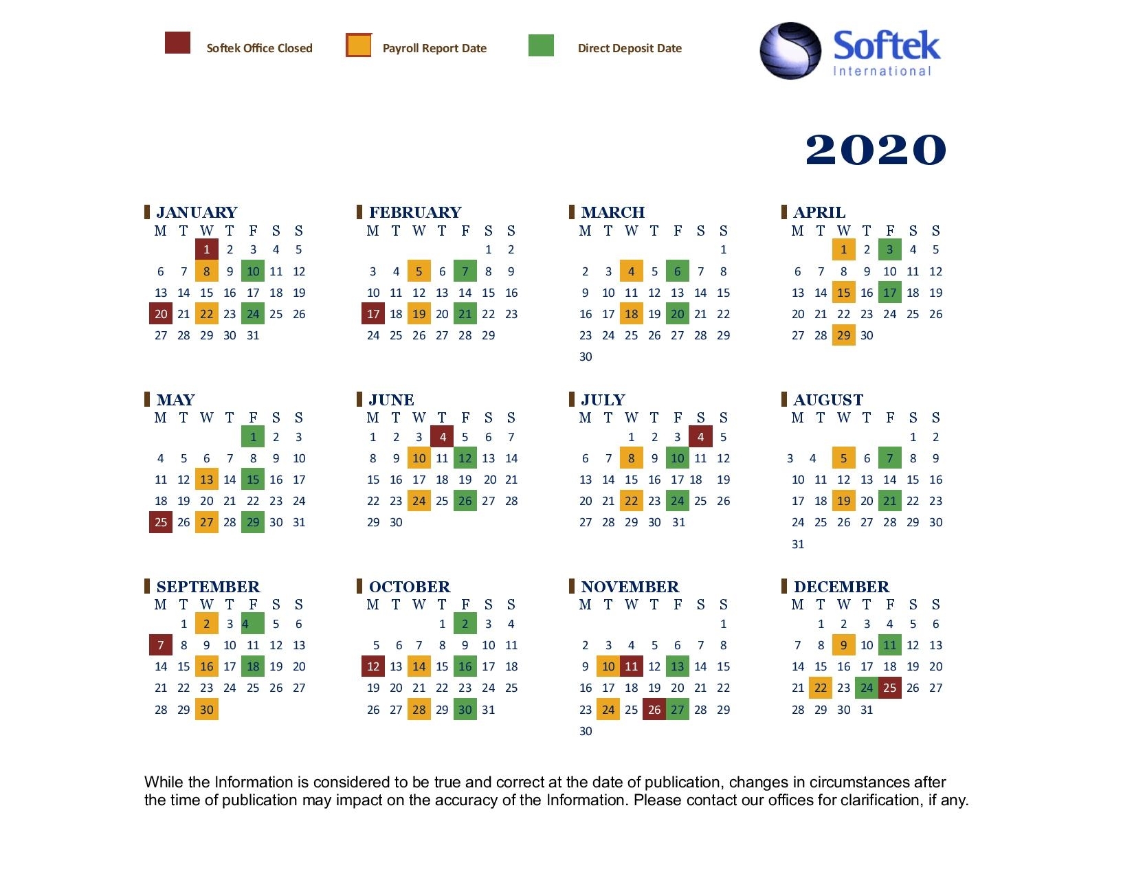 Softek Holiday &amp; Payroll Calendar | Softekintl with regard to Federal Civilian Pay Calendar 2020