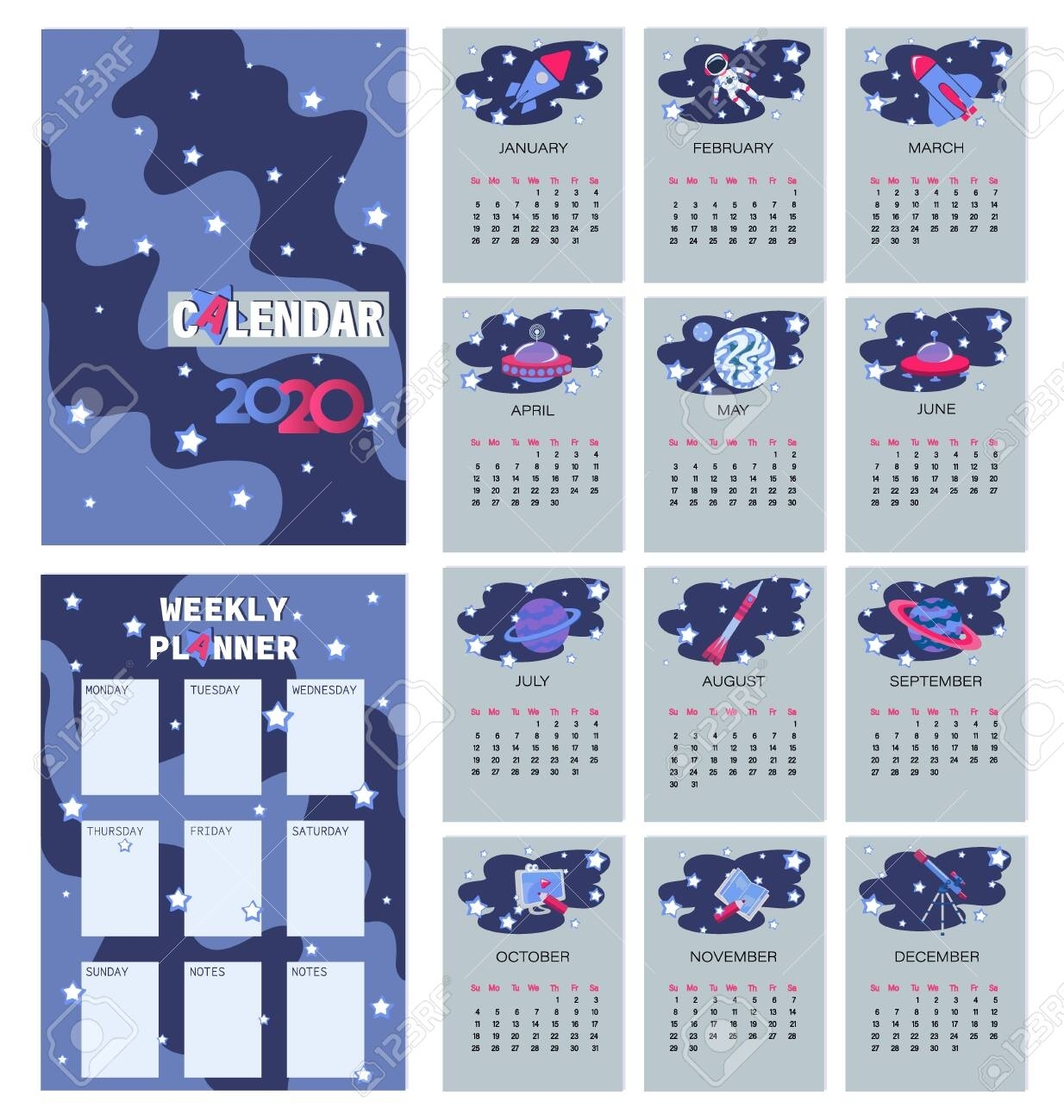 Space. Calendar Planner For 2020. Weekly Planner. The Week Starts..