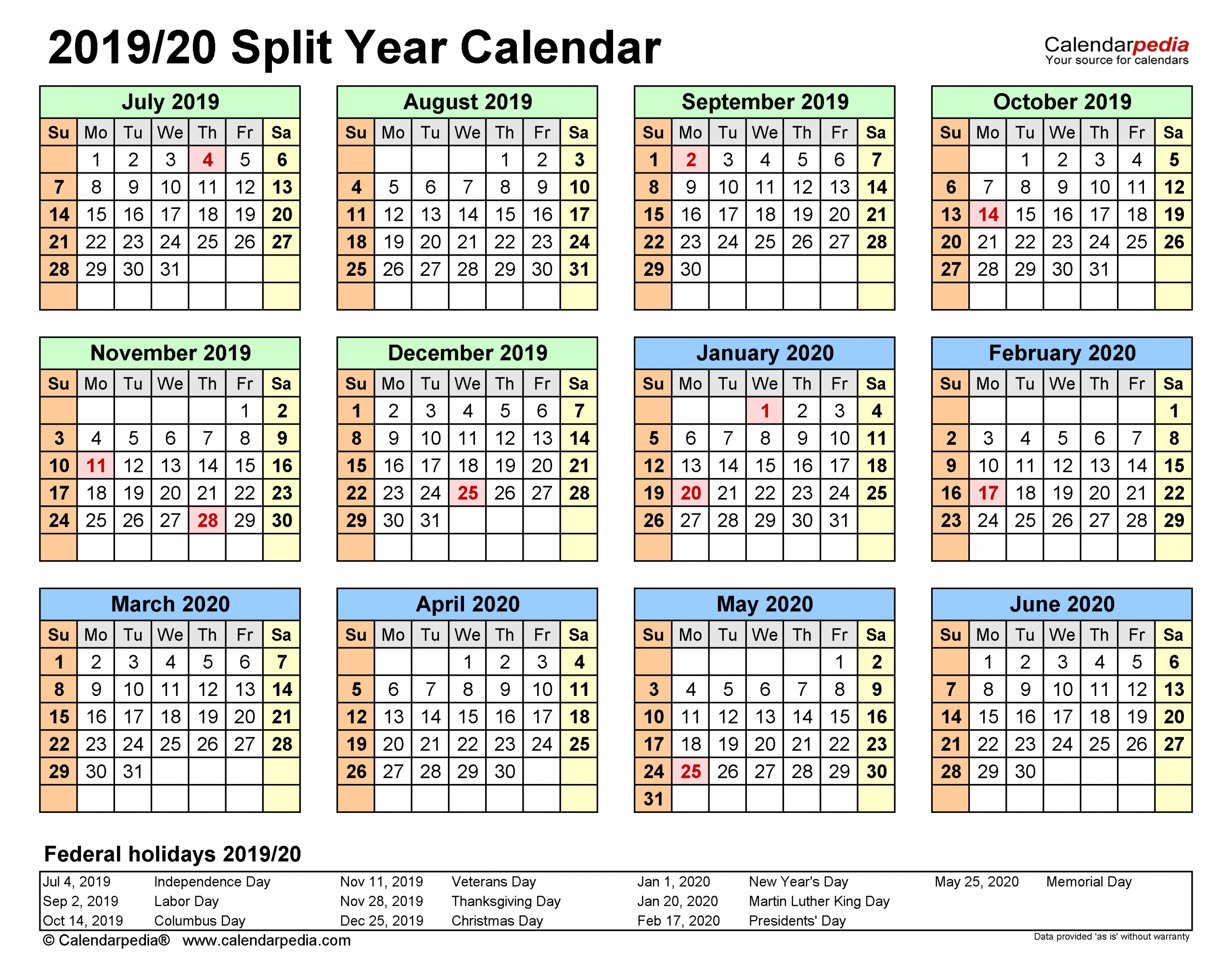 Split Year Calendars 2019/2020 (July To June) - Excel Templates