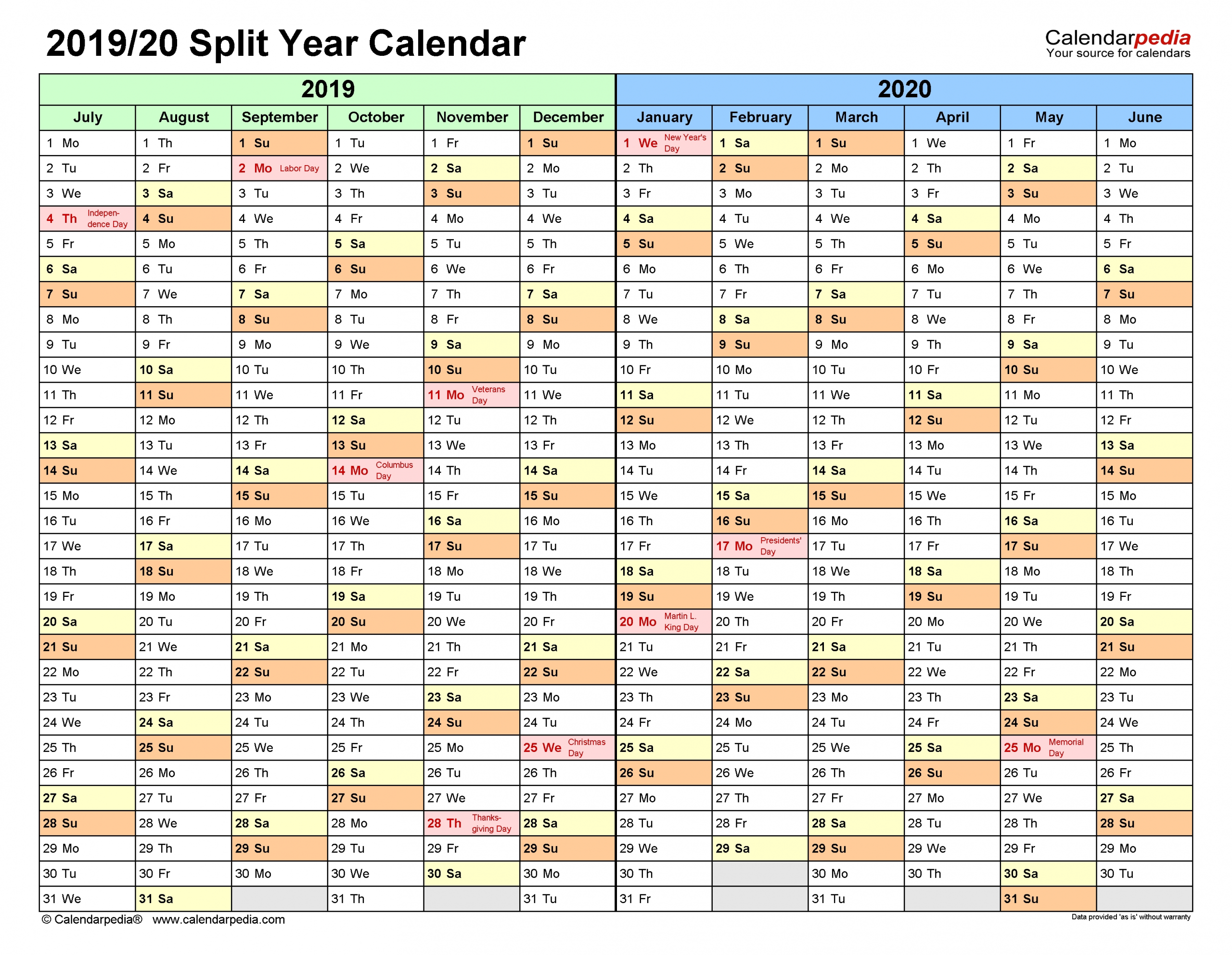 Split Year Calendars 2019/2020 (July To June) - Pdf Templates