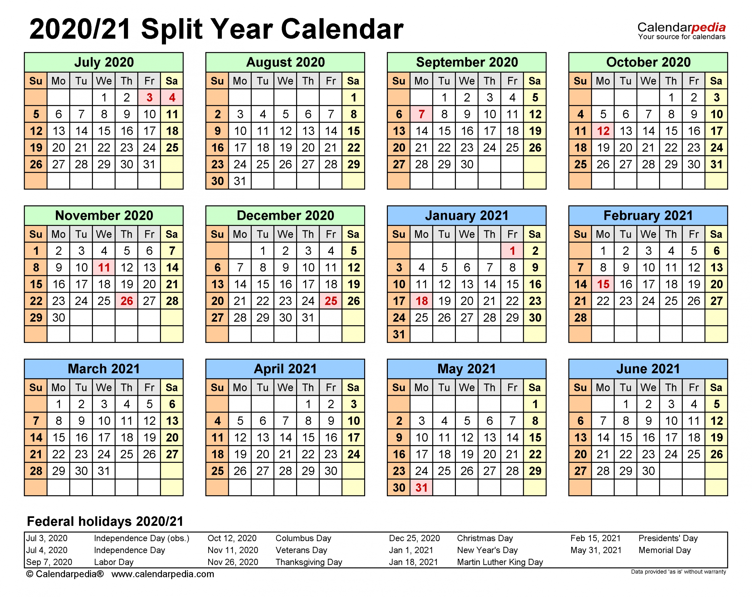 Split Year Calendars 2020/2021 (July To June) - Word Templates