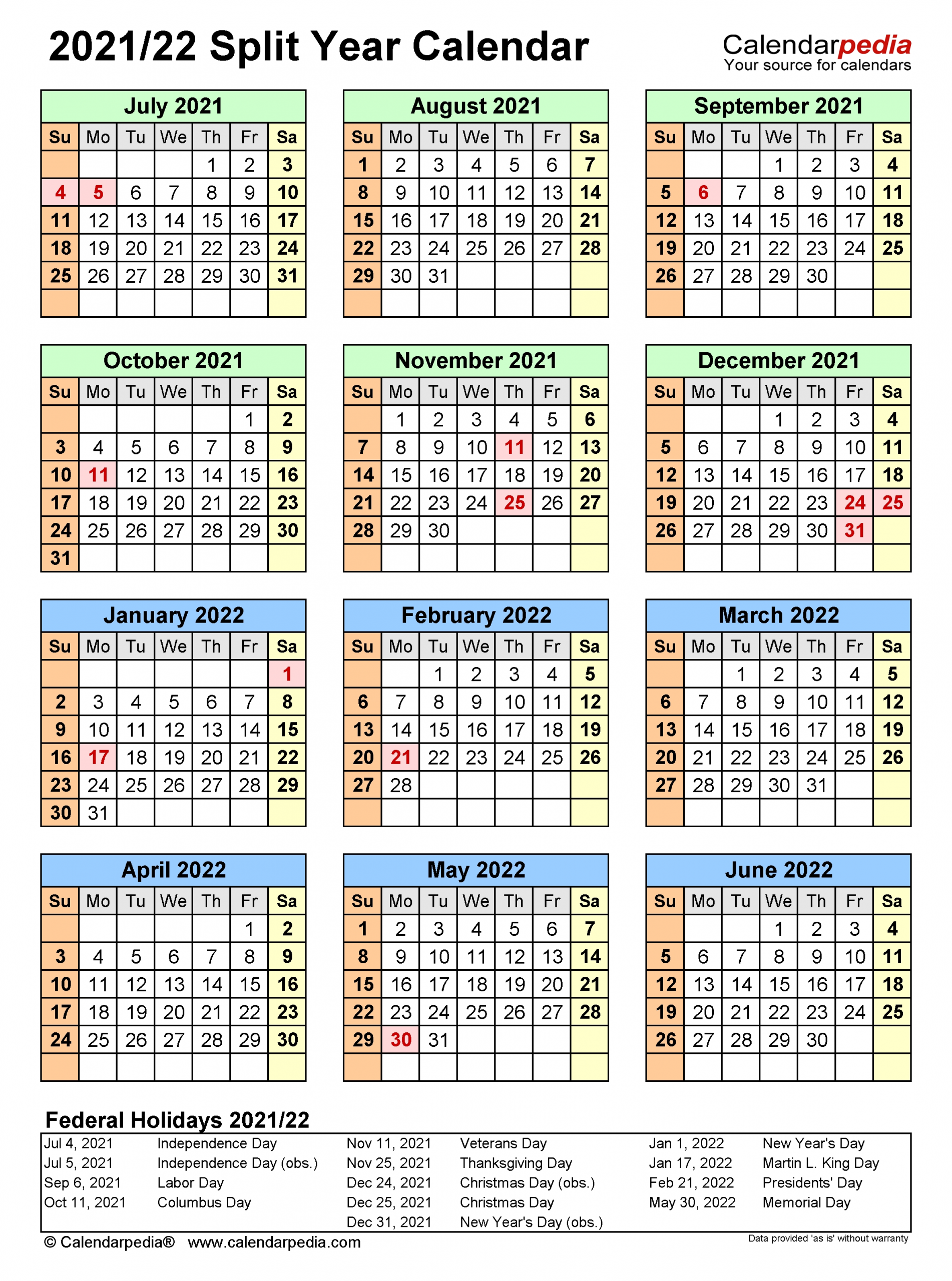 Split Year Calendars 2021/2022 (July To June) - Pdf Templates