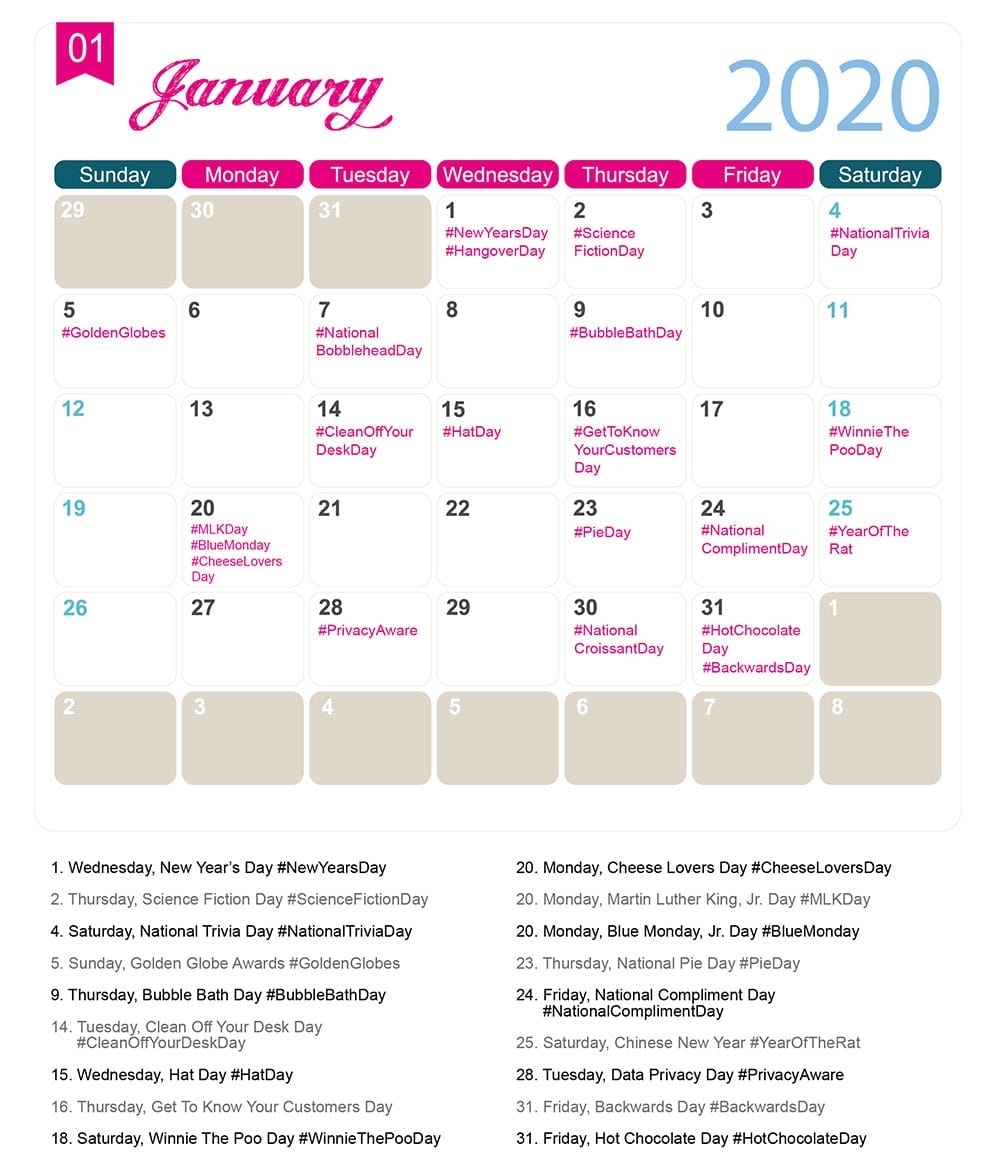 The 2020 Social Media Holiday Calendar - Make A Website Hub throughout Yearly Calendar Of Special Days