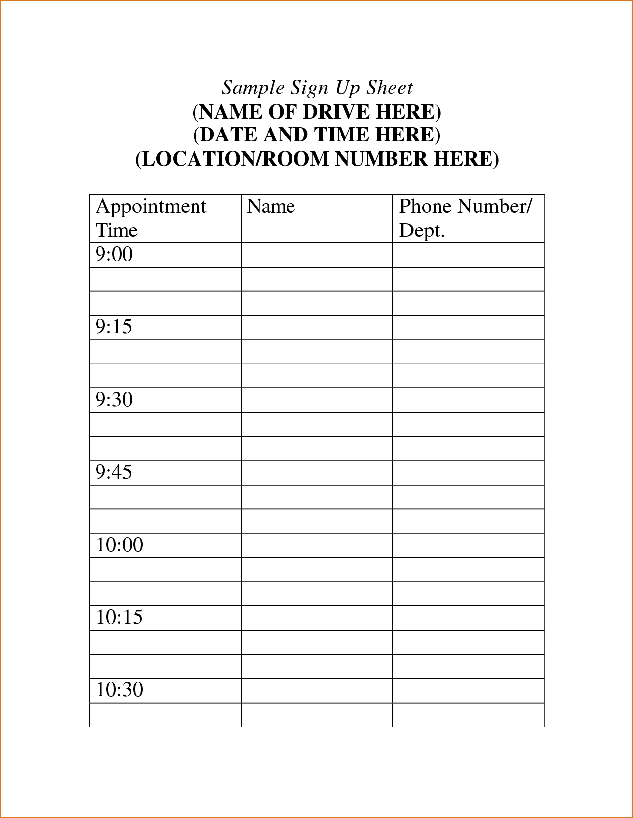 Time Slot Sign Up Sheet Template - Avatree