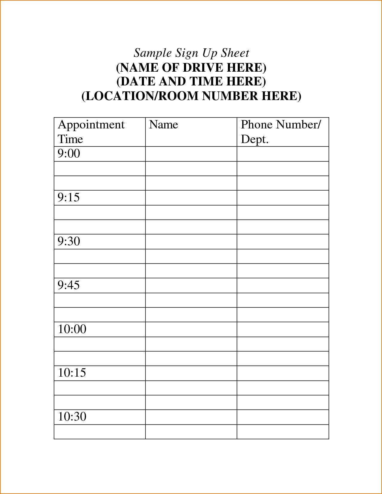 Time Slot Sign Up Sheet Template Excel