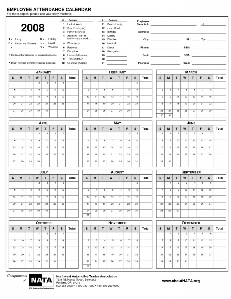 Unique Printable Employee Attendance Calendar | Free