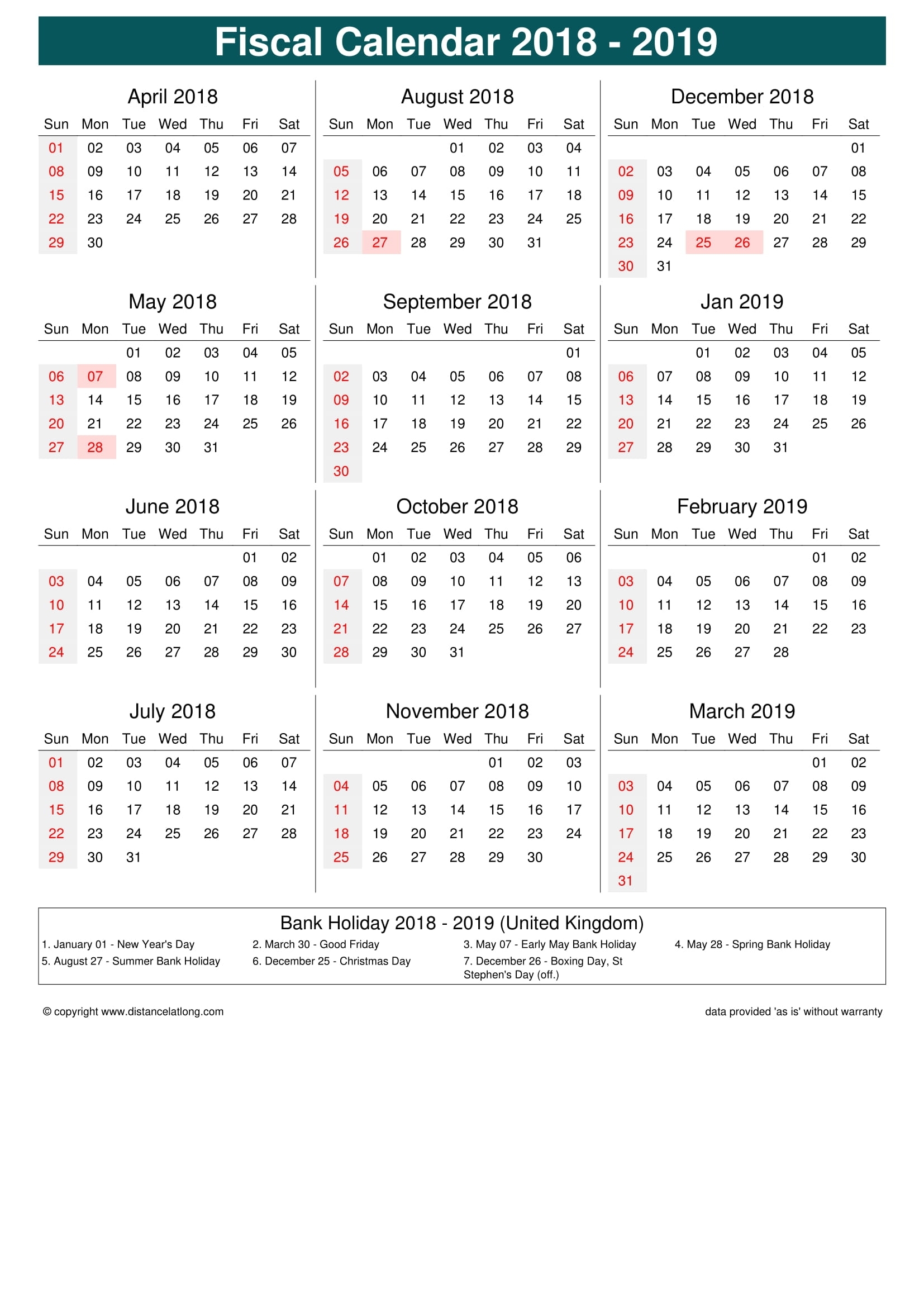 United Kingdom Fiscal Year 2018-2019 Calendar Templates intended for Financial Week To Calendar 2019