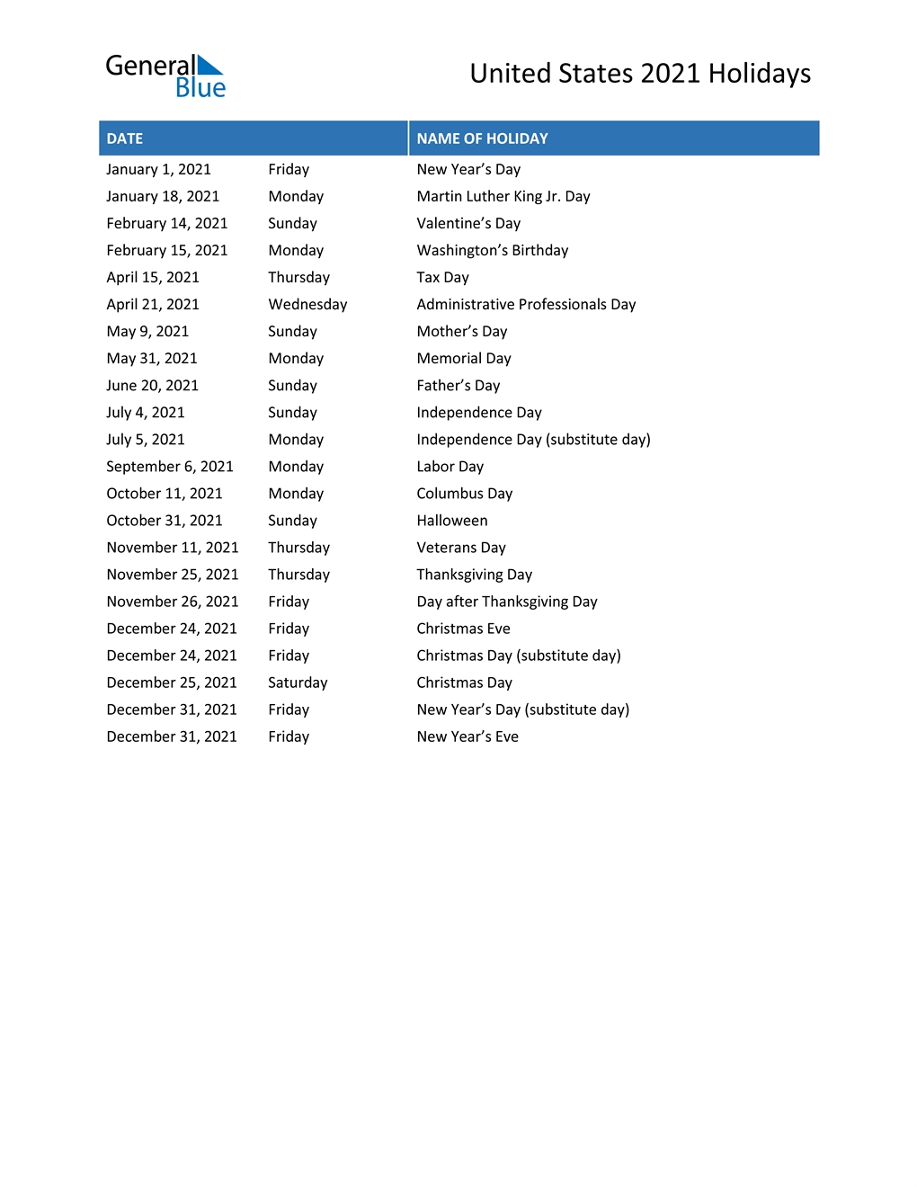 United States Holidays 2021 In Pdf, Word And Excel