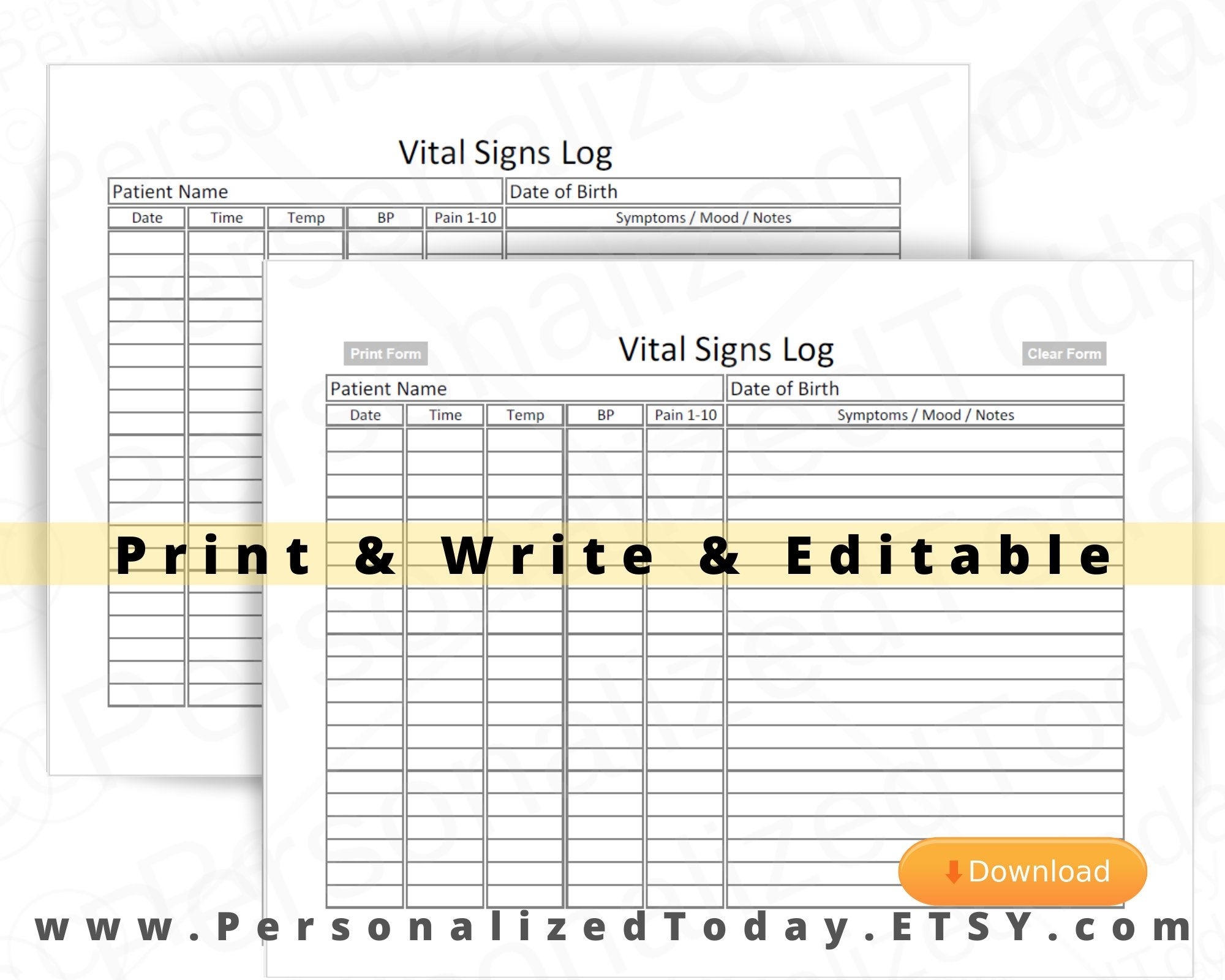 Vital Signs Log Fillable Editable And Print And Write Pdf