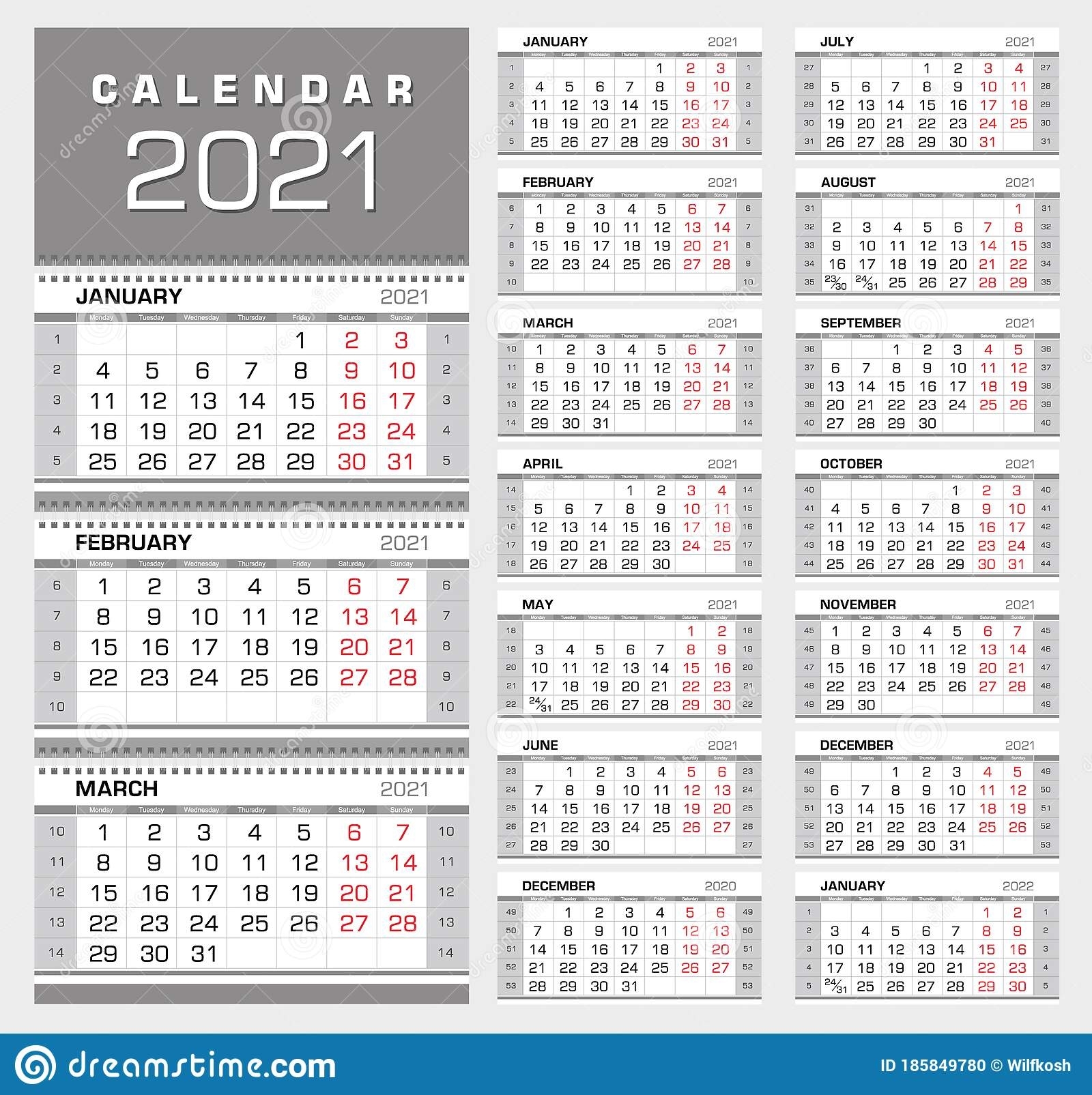 Wall Quarterly Calendar 2021 With Week Numbers. Week Start