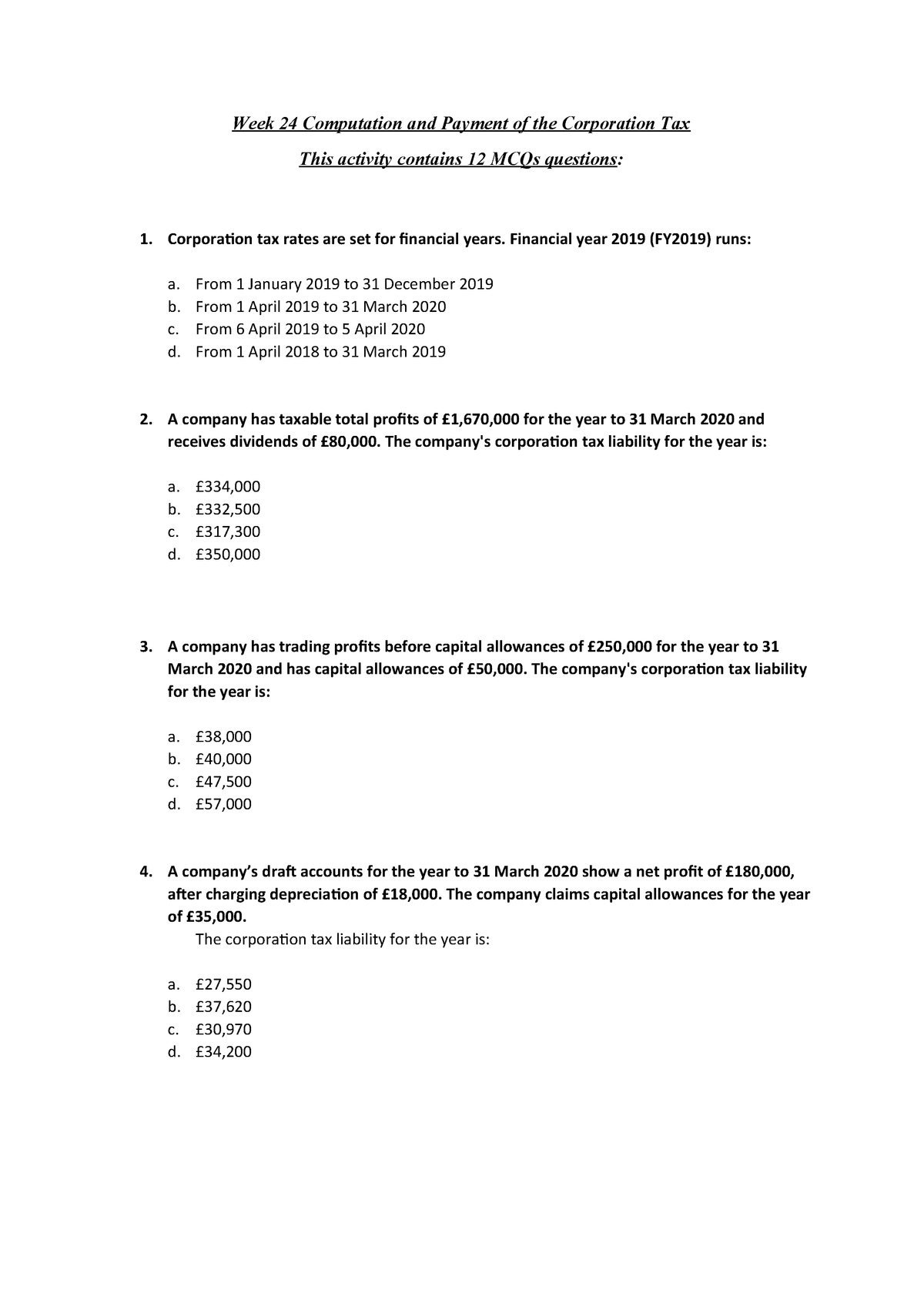 Week 24 Computation And Payment Of The Corporation Tax-Mcq