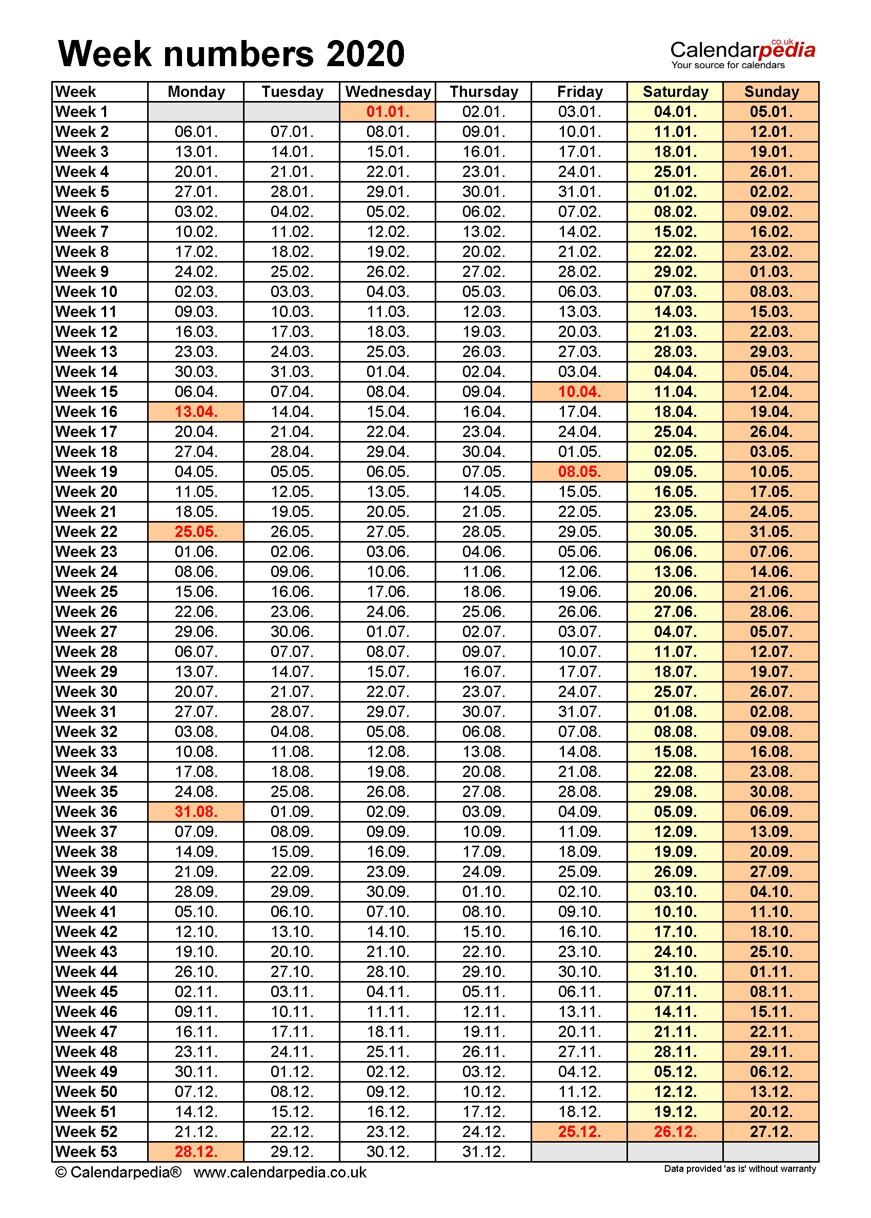 Week Numbers 2020 With Excel, Word And Pdf Templates