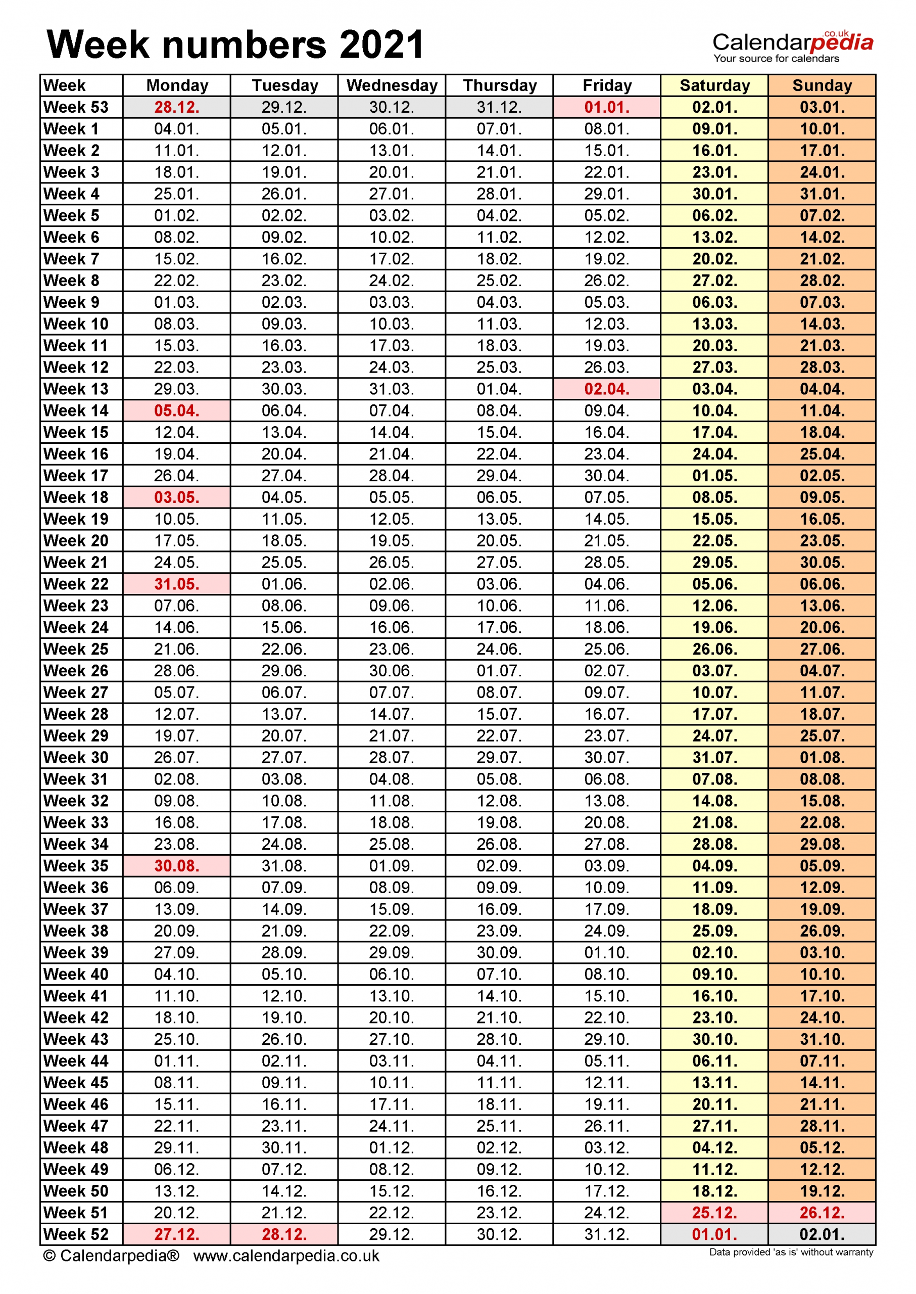 Week Numbers 2021 With Excel, Word And Pdf Templates