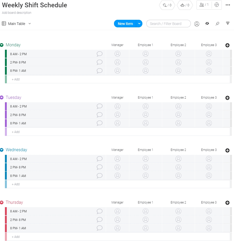 Weekly Shift Schedule Template | Monday