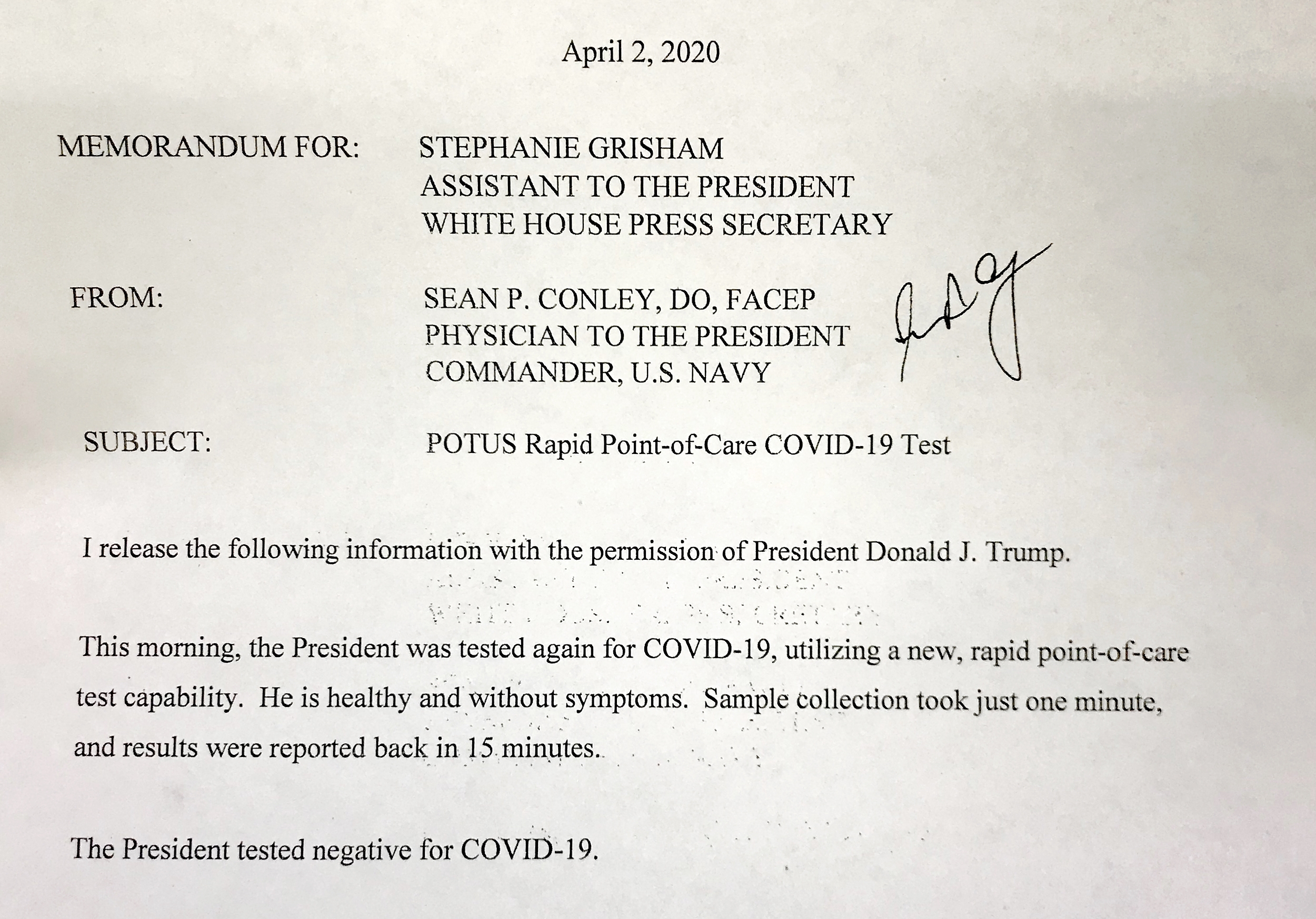 White House Doctor: Trump Again Tests Negative For Covid-19