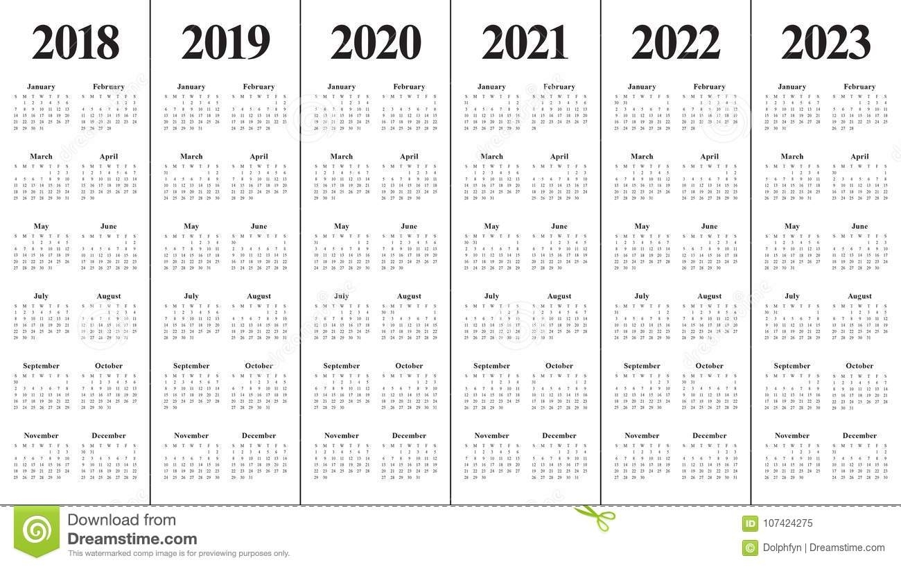 Year 2018 2019 2020 2021 2022 2023 Calendar Vector Stock for Calendars 2020 2021 2022 2023