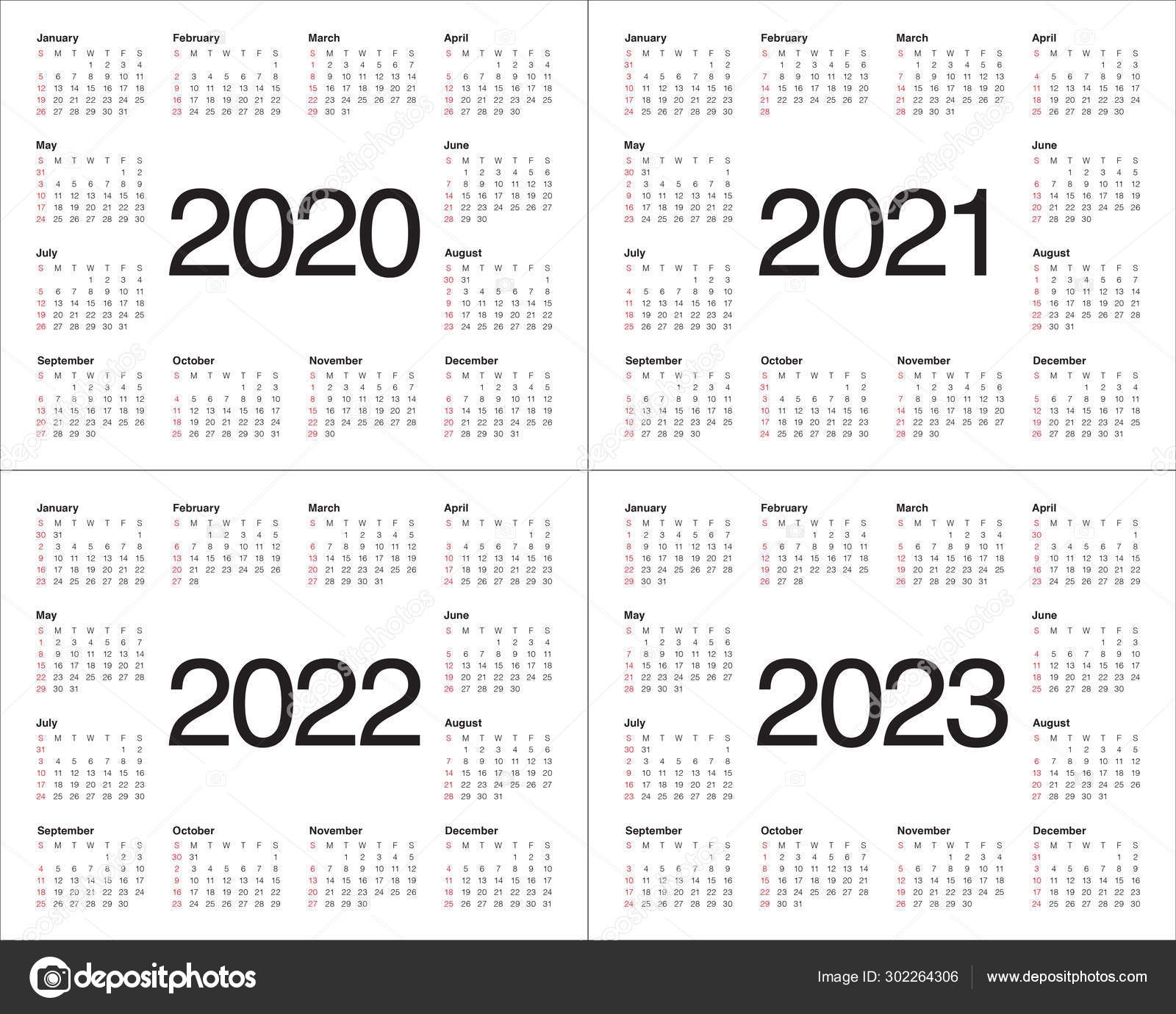 Year 2020 2021 2022 2023 Calendar Vector Design Template 302264306