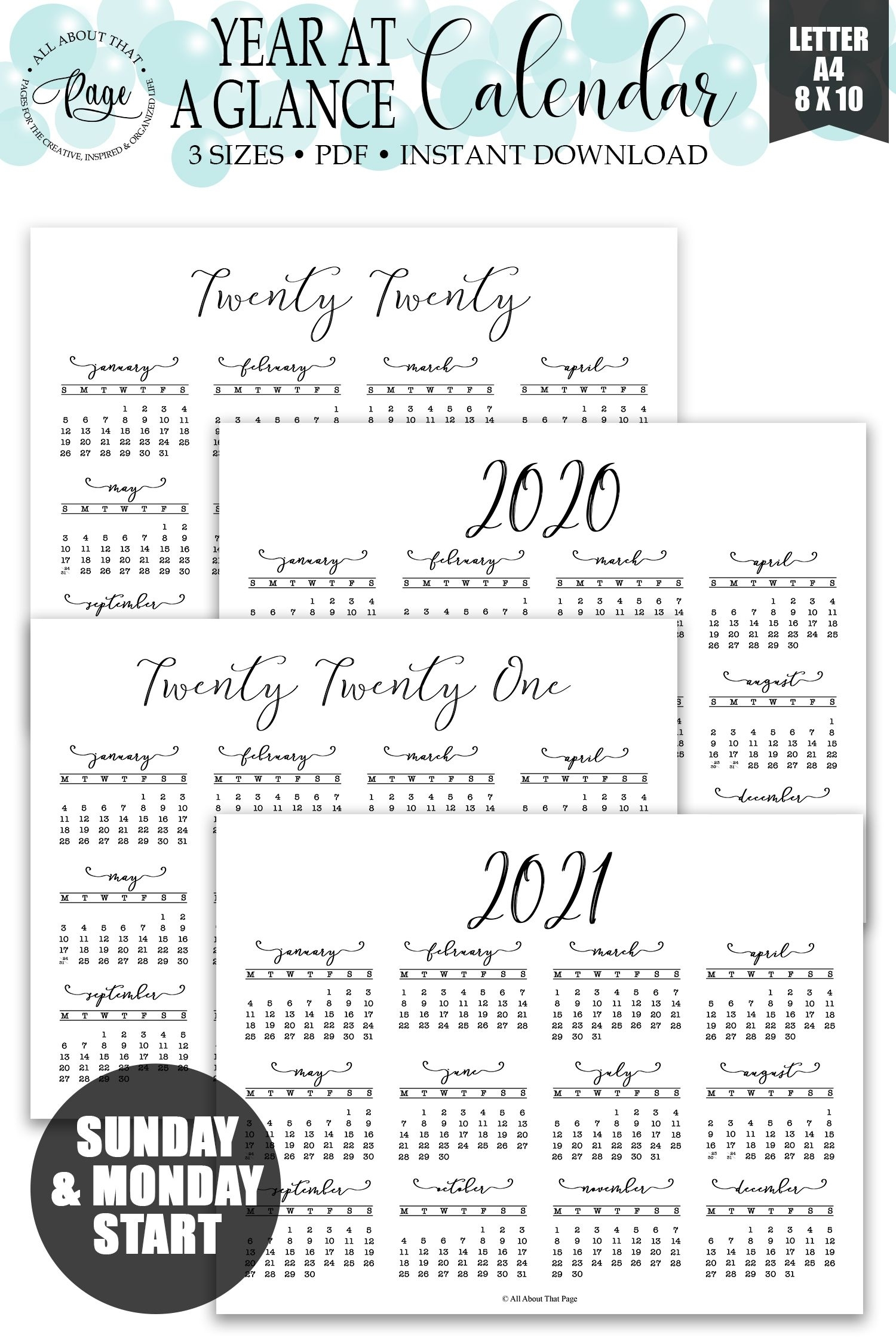 Year At A Glance Calendar, 2020, 2021, Twenty Twenty, Twenty in 8 X 10 Calendar 2020