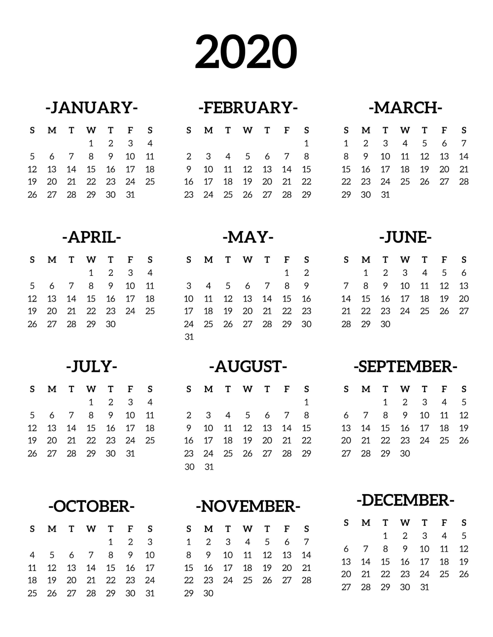 Year At A Glance Calendar 2020 - Google Search | Ücretsiz intended for Year At A Glence 2020