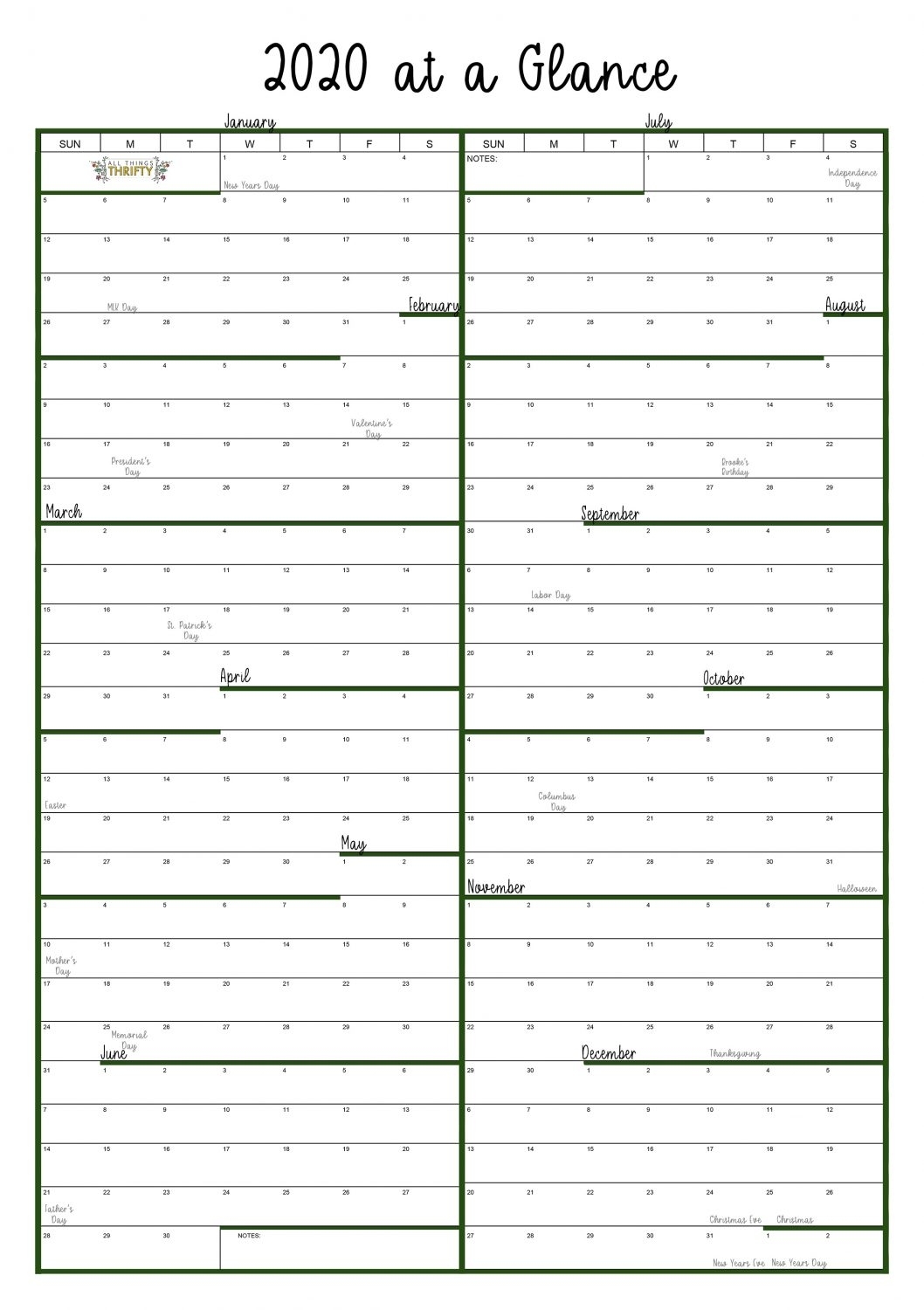 Year At A Glance Free Printable Calendar | All Things Thrifty