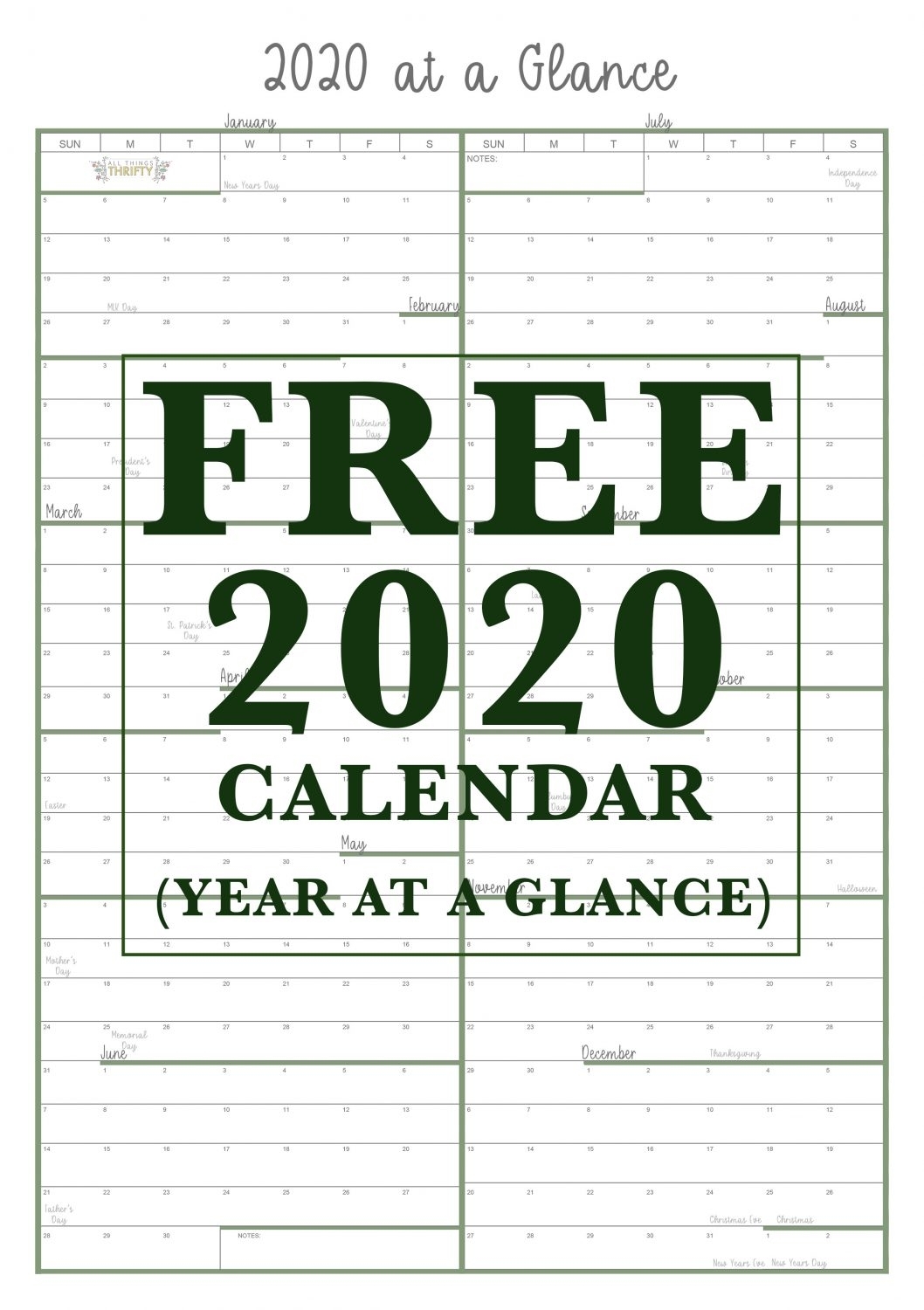 Year At A Glance Free Printable Calendar | All Things Thrifty for Free Printable Year At A Glance Calendars No Download 2020