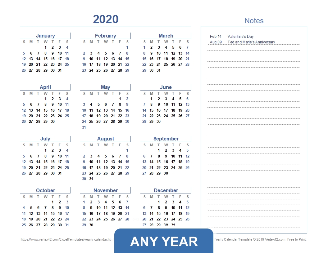 Yearly Calendar Template For 2020 And Beyond inside Free Printable Calendar With Space To Write