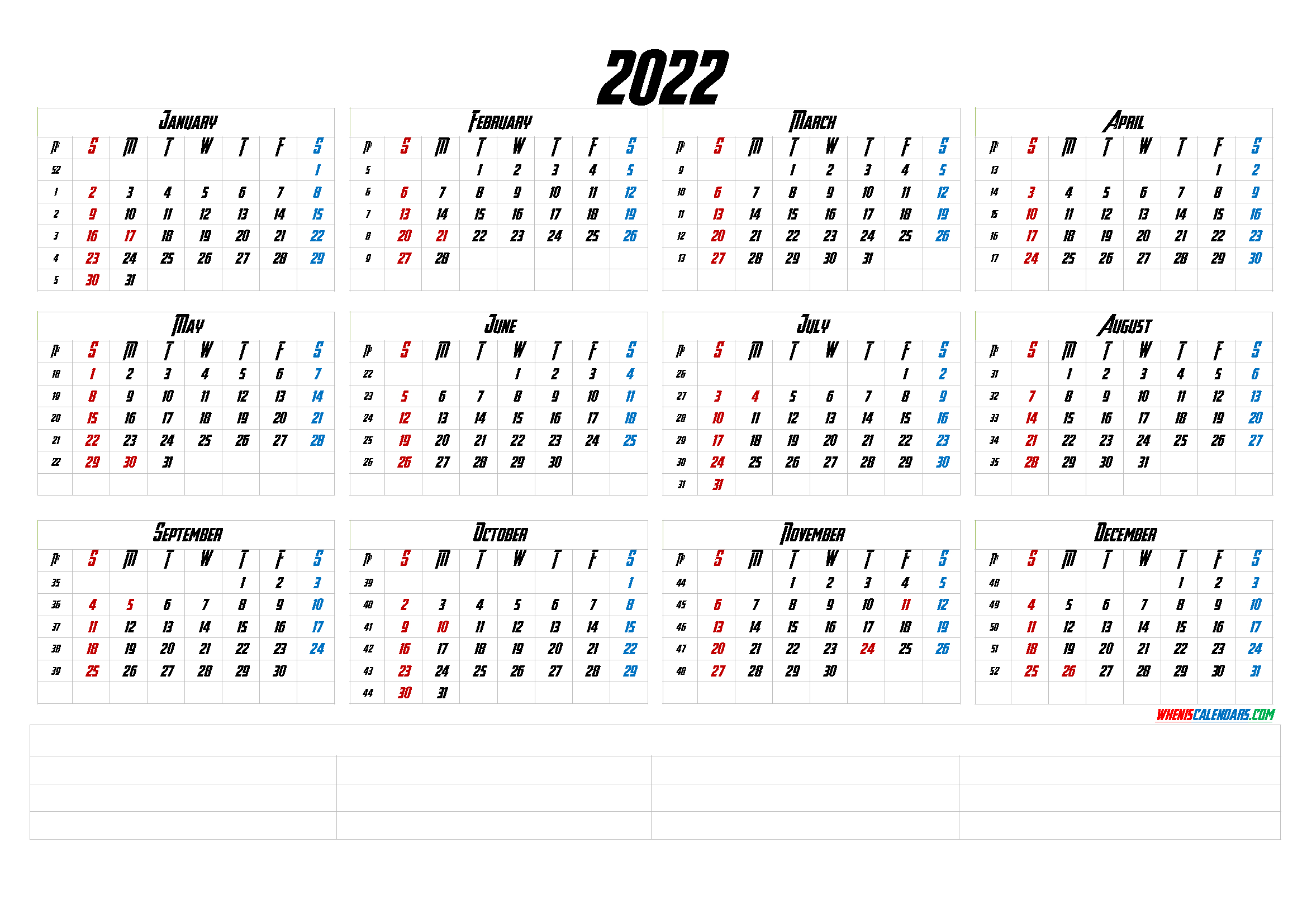 12 Month Calendar Printable 2022 (6 Templates) - Free