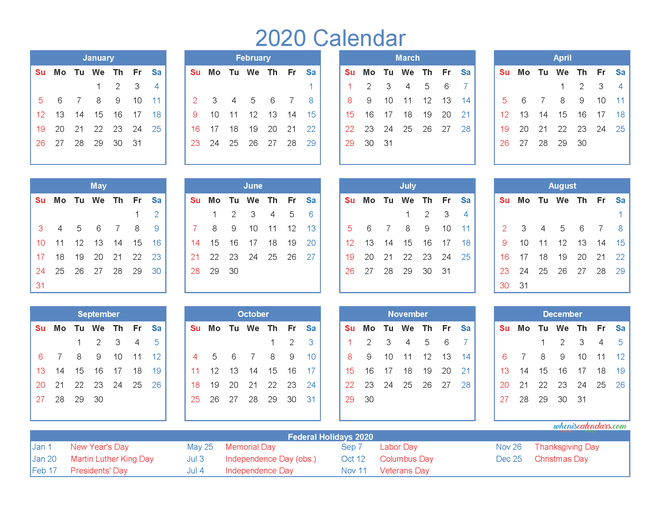 12 Month Printable Calendar 2020 With Holidays - Free 2020