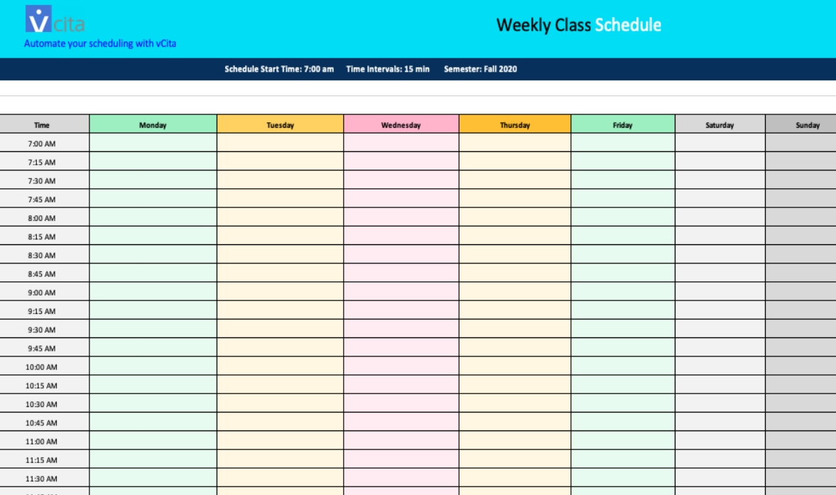 15 Minute Increment Weekly Schedule | Ten Free Printable