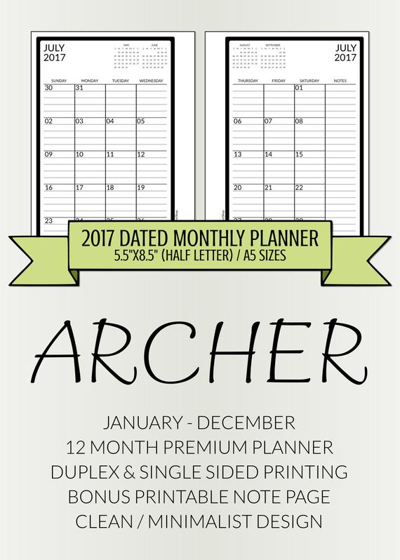 2017 Monthly Agenda Planner Pages Pdf Half Letter 5.5X8.5