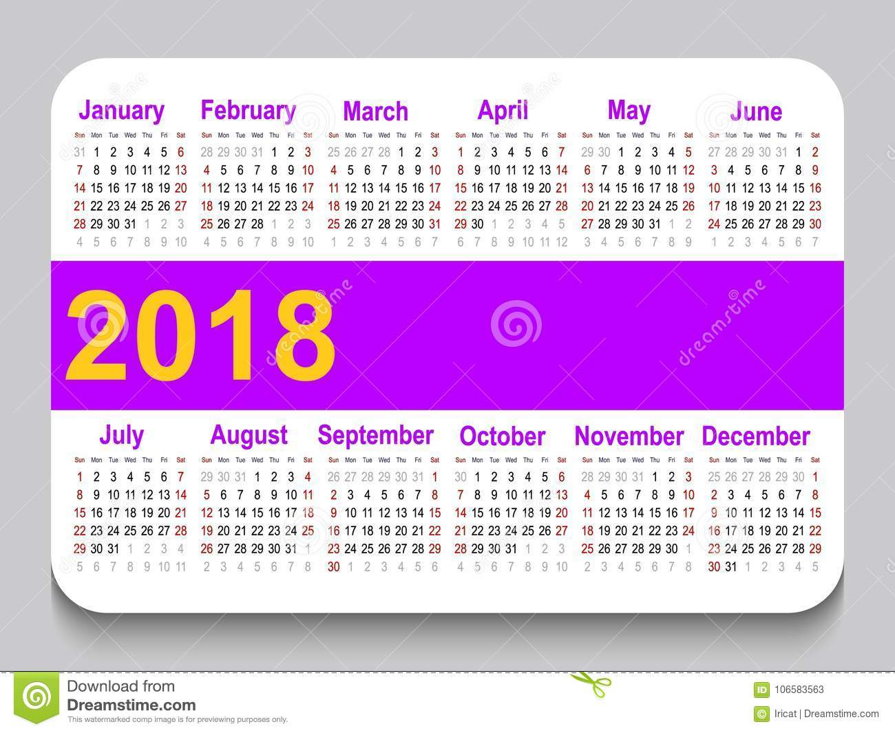 2018 Pocket Calendar. Template Calendar Grid. Horizontal