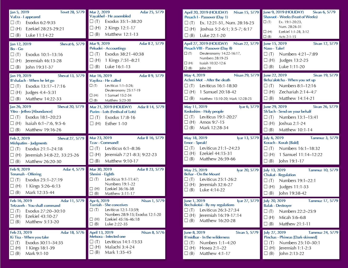 2019 - 2020 Weekly Torah Portion Calendar - Calendar