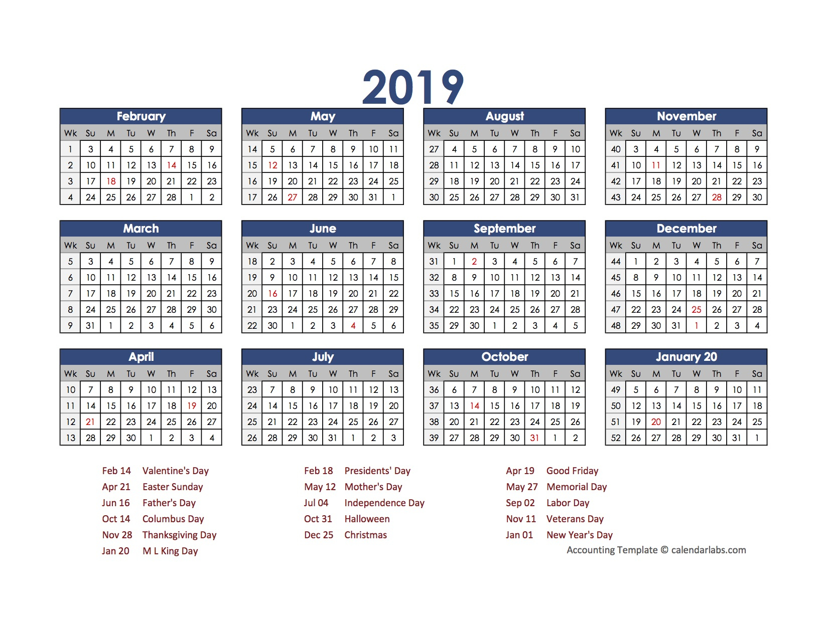 2019 Accounting Calendar 4-5-4 - Free Printable Templates