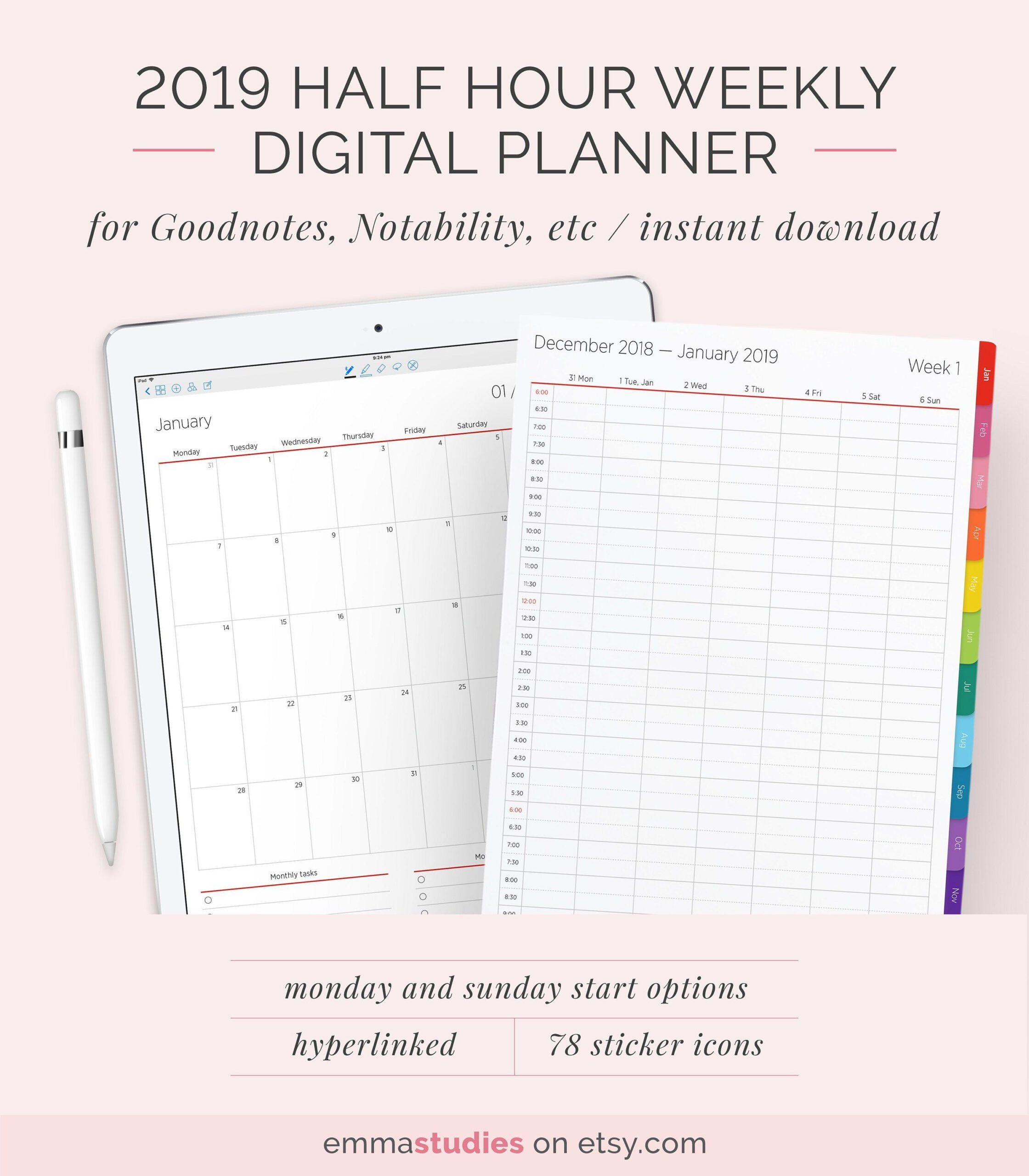 2019 Digital Vertical Half Hour Weekly Planner With Tabs