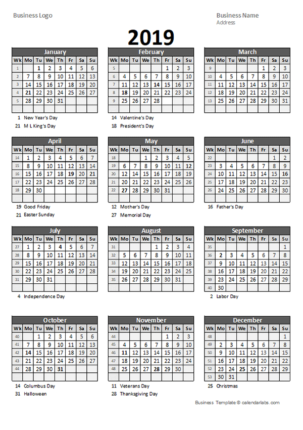 2019 Yearly Business Calendar With Week Number - Free