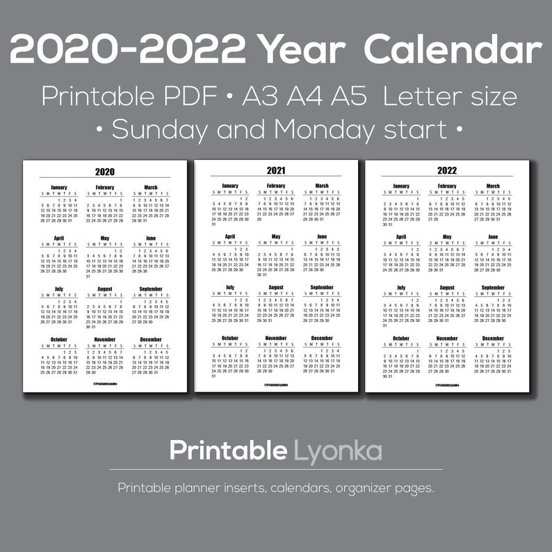 2020 2021 2022 Yearly Calendar Printable/ Pdf/ A3 A4 A5 | Etsy