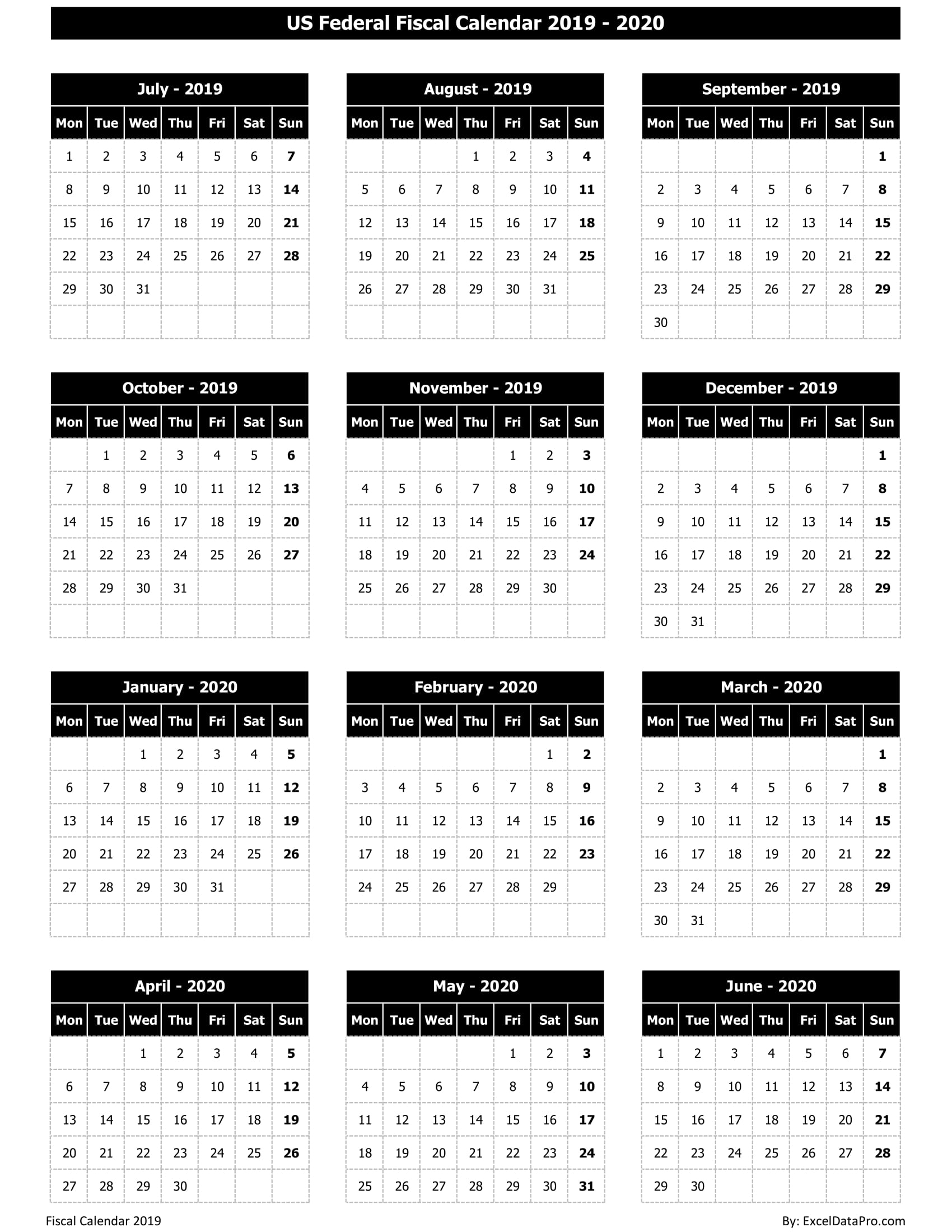 2020 Calendar Excel Templates, Printable Pdfs &amp; Images