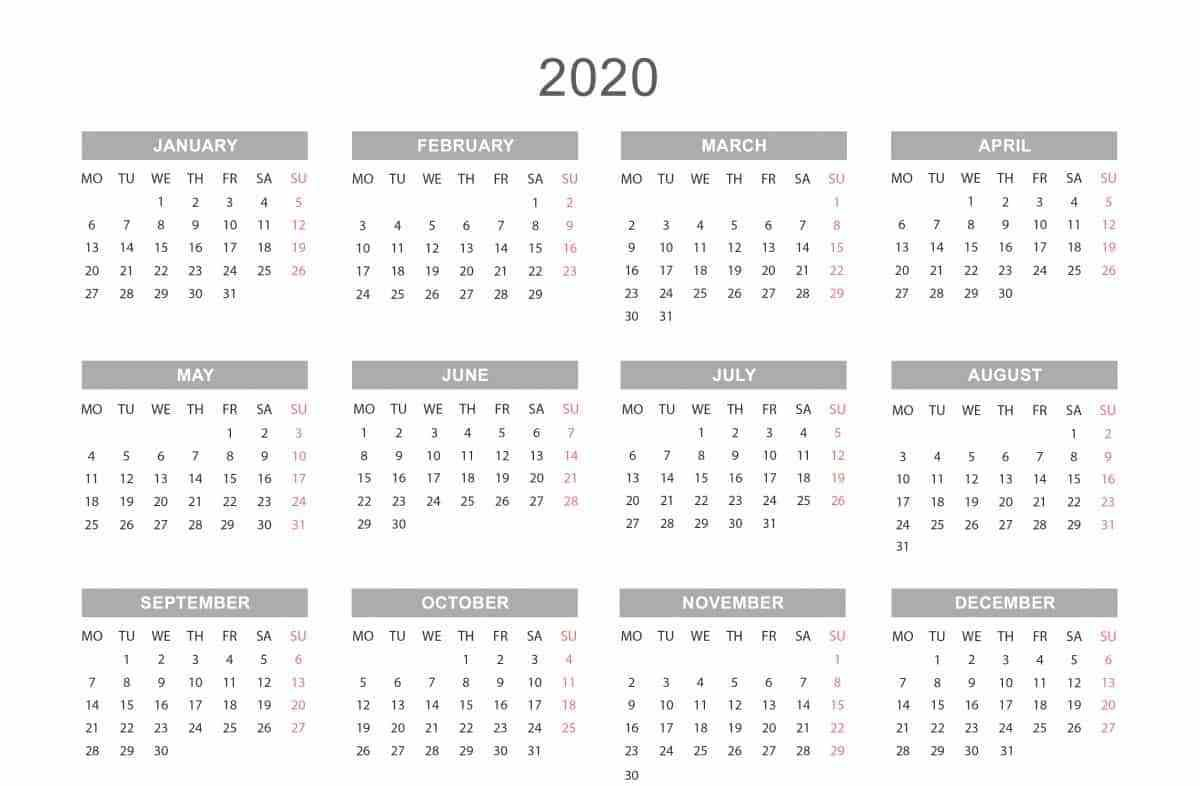 2020 Calendar Template Pdf, Word, Excel Free Download