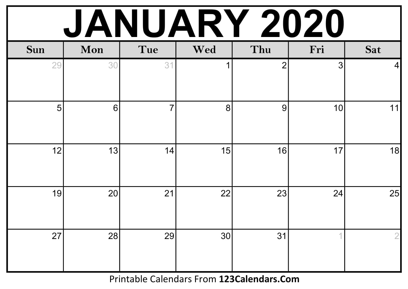 2020 Free Printable Calendar Large Numbers - Calendar